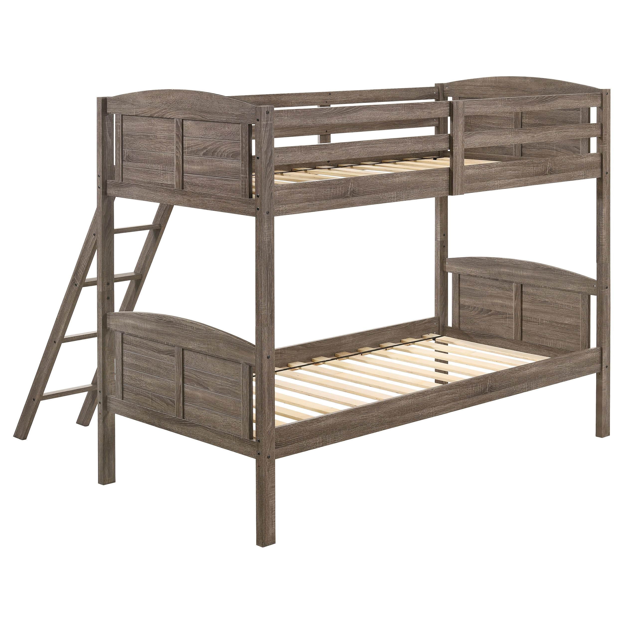 Coaster Home Furnishings Flynn Farmhouse Wood Twin Over Twin Size Bunk Bed Frame with Ladder and Guardrails Fully Slatted Mattress Ready Foundation Weathered Brown 400808