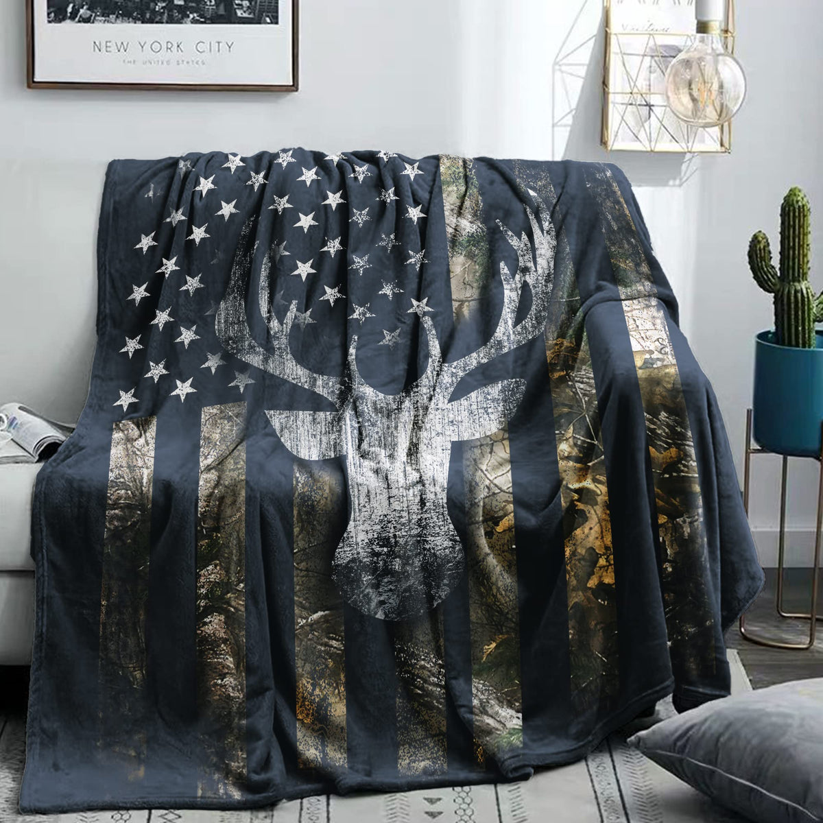 Dongdongqiang Usa Camo Buck Deer Flag Hunting Blanket Throws Gift For Men,Super Soft Cozy Warm Blanket For Couch Chair Bed Sofa