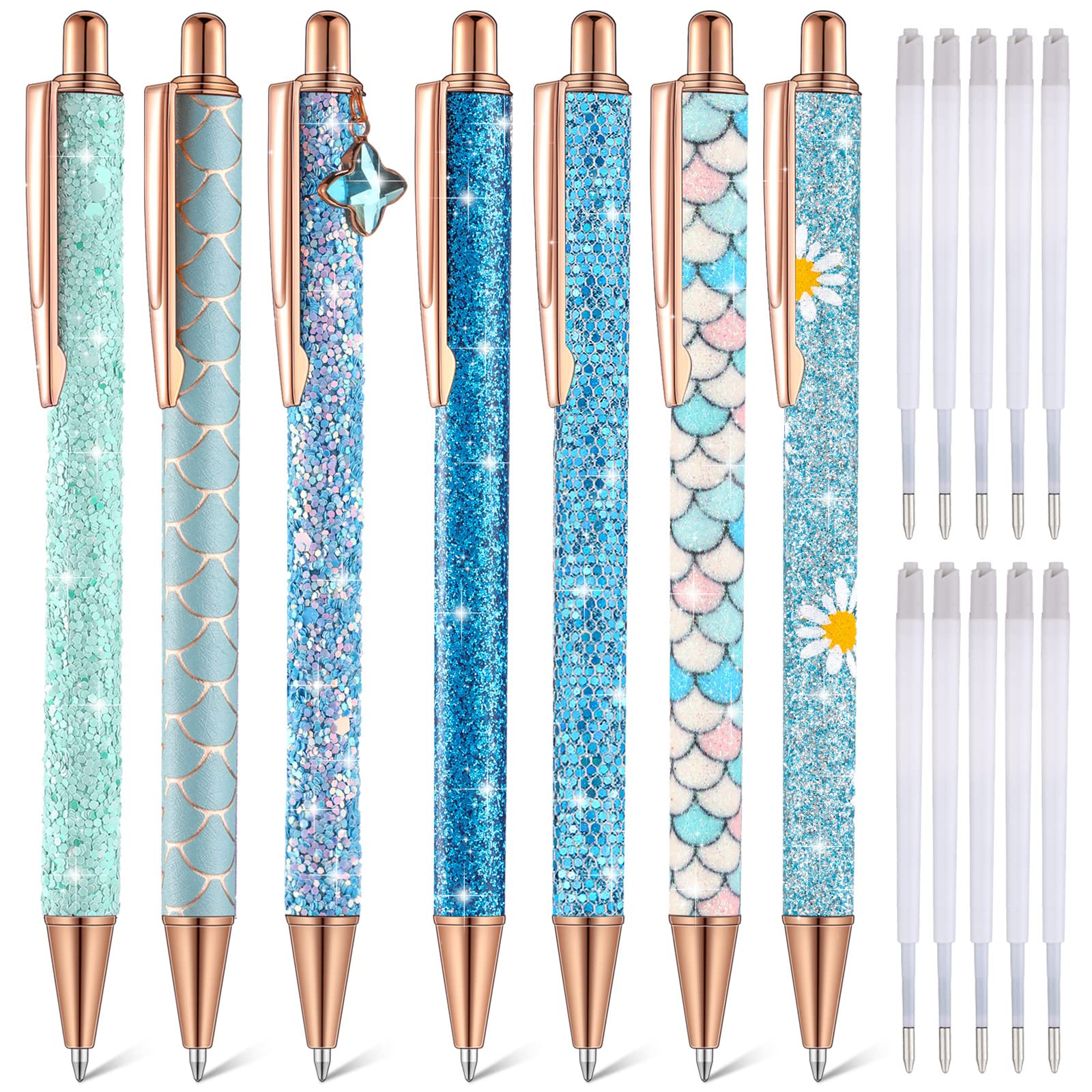 Sherr 7 Pcs Fancy Pens For Women Cute Pens Sparkly Glitter Pens With 10 Pcs Black Ink Refills Pretty Pen Gifts Journaling Pens F
