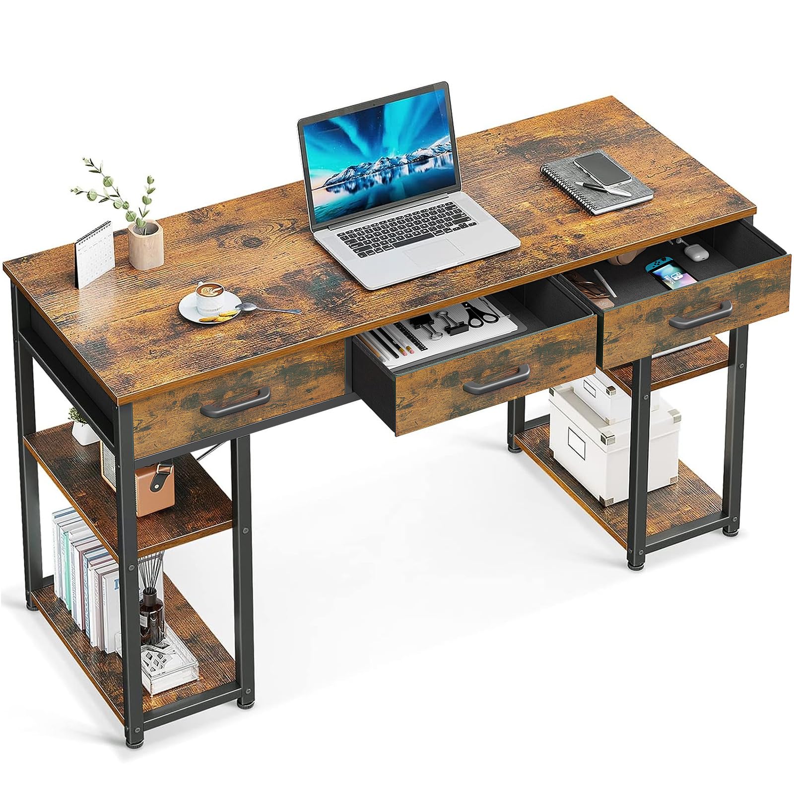 Odk Office Small Computer Desk: Home Table With Fabric Drawers & Storage Shelves, Modern Writing Desk, Vintage, 48'X16'