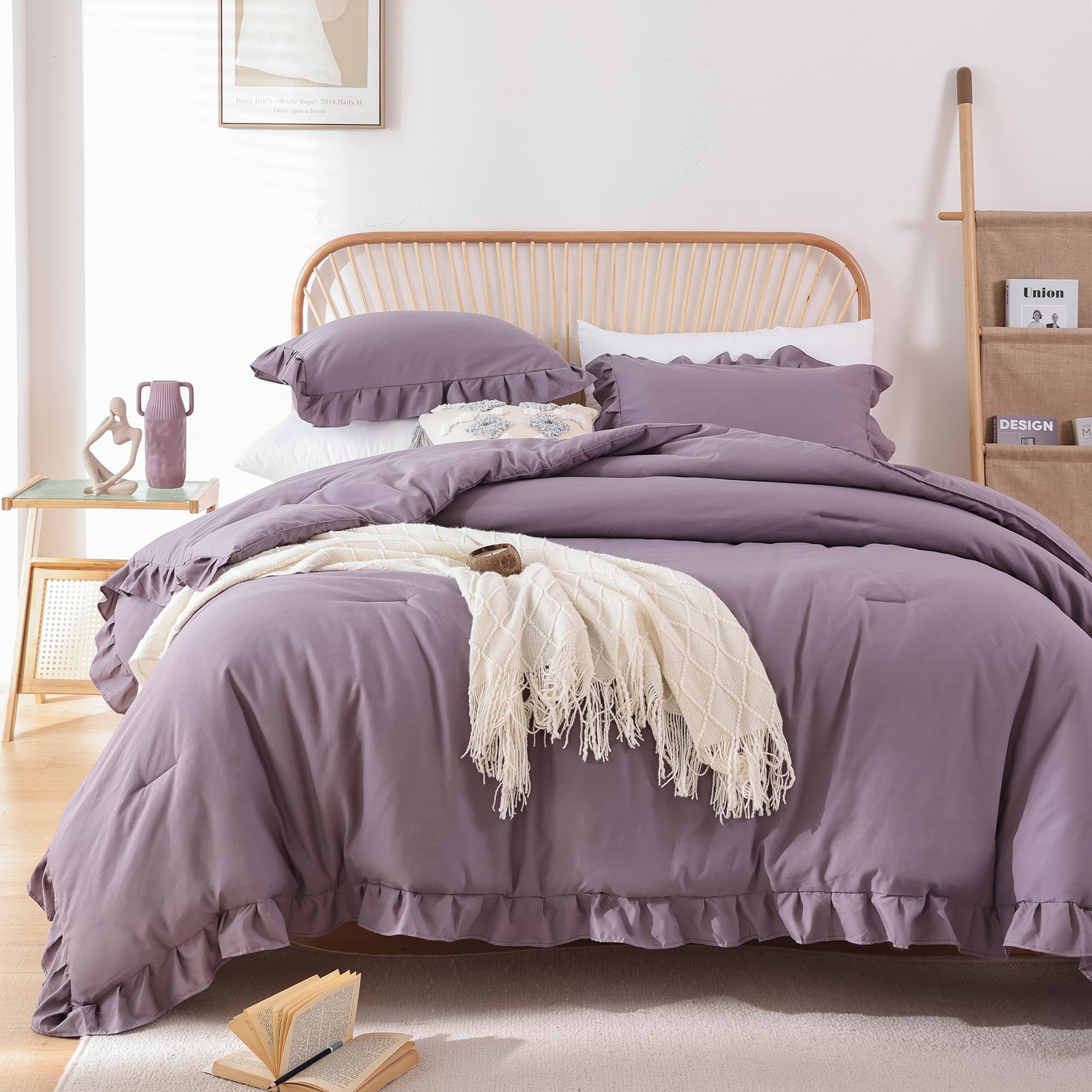Janzaa Comforter Set Full Size Grayish Purple Ruffle Comforter 3Pcs Soft Fluffy Comforter Vintage Farmhouse Bed Comforter Set Sh