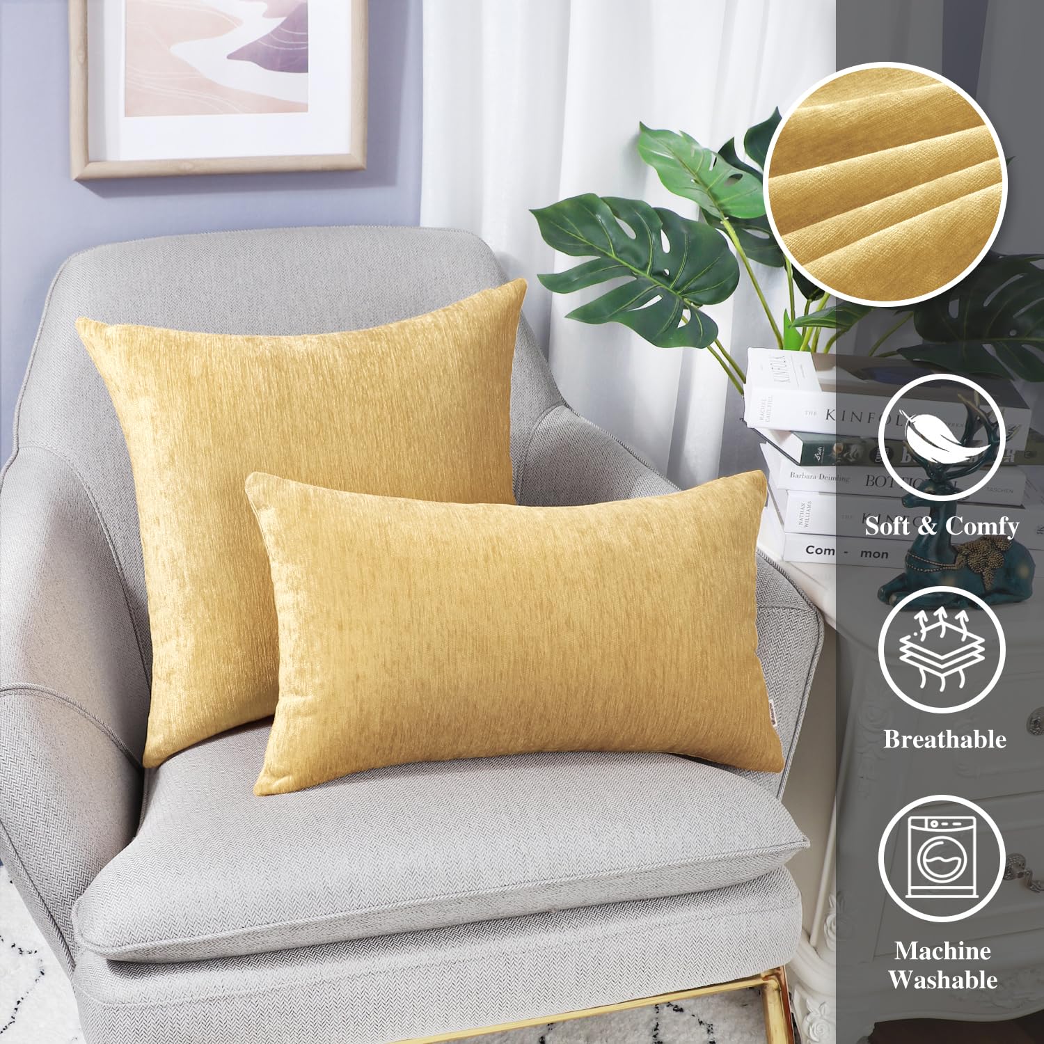 Brawarm Chenille Throw Pillow Covers 22X22 Inches - Gold Chenille Pillow Covers Pack Of 2, Solid Dyed Soft Chenille Pillow Cases
