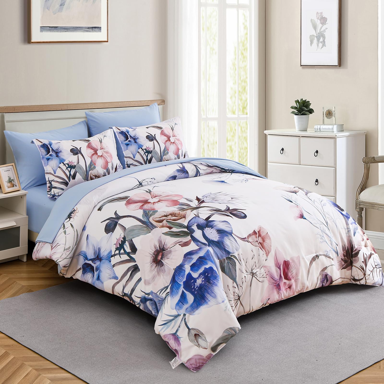 Luxudecor Floral Comforter Set Queen Size 7 Piece, Blue Flower Bed In A Bag, Elegant Floral Comforter With Sheet Set, Soft Micro