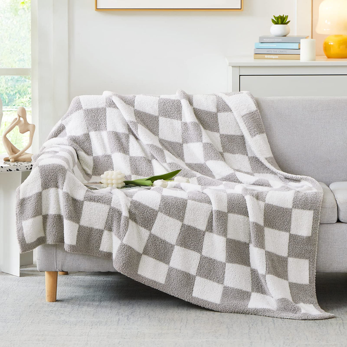 Wrensonge Checkered Throw Blanket, Light Grey Microfiber Soft Cozy Fluffy Warm Hand Made Throw Blankets For Couch, Sofa, Chair,