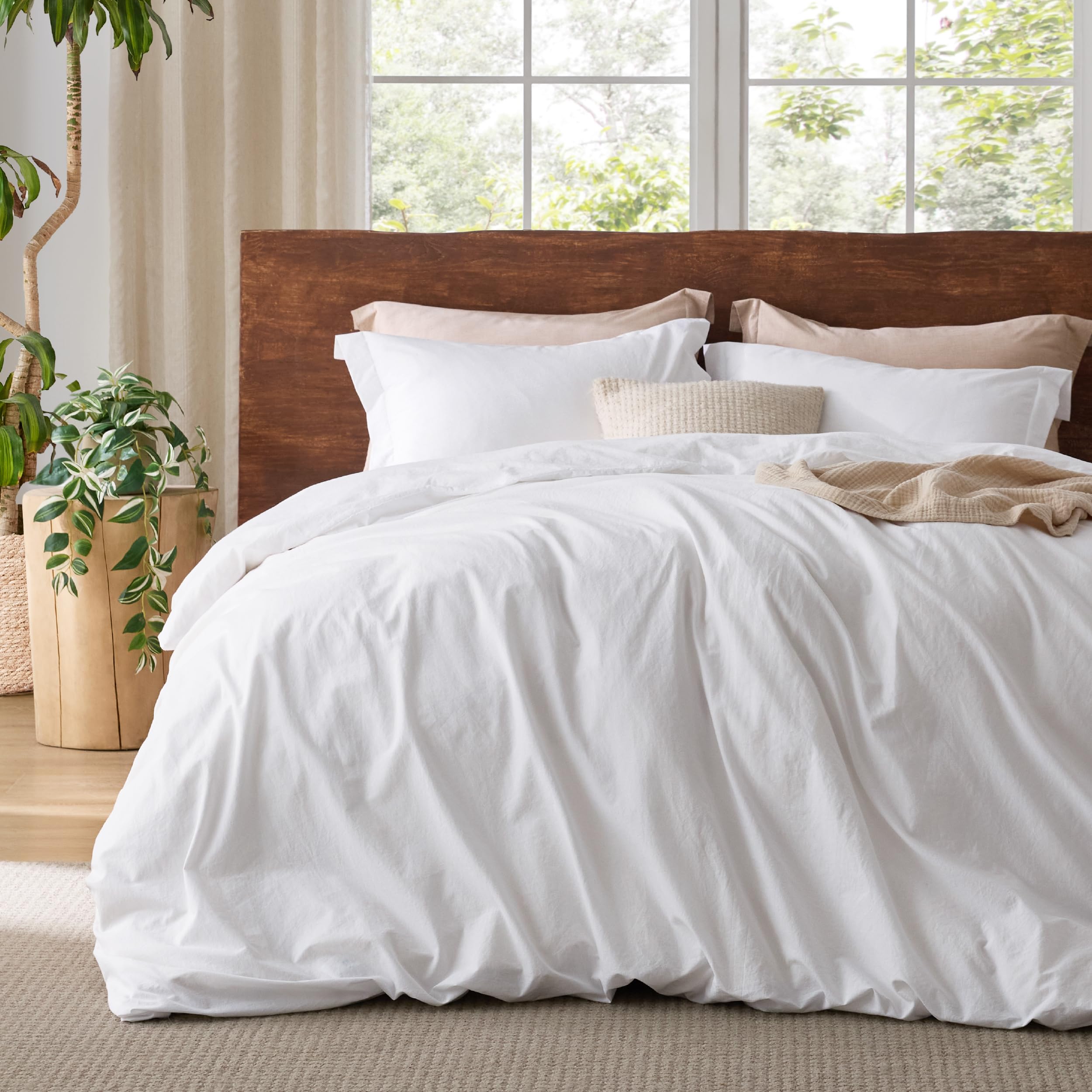 Bedsure 100% Washed Cotton Duvet Cover Queen - Bright White Minimalist Duvet Cover Linen Like - 3 Pieces Gentlesoft™ Plain Simple Cotton Bedding Set With 2 Pillow Shams (Bright White, Queen, 90'X90')