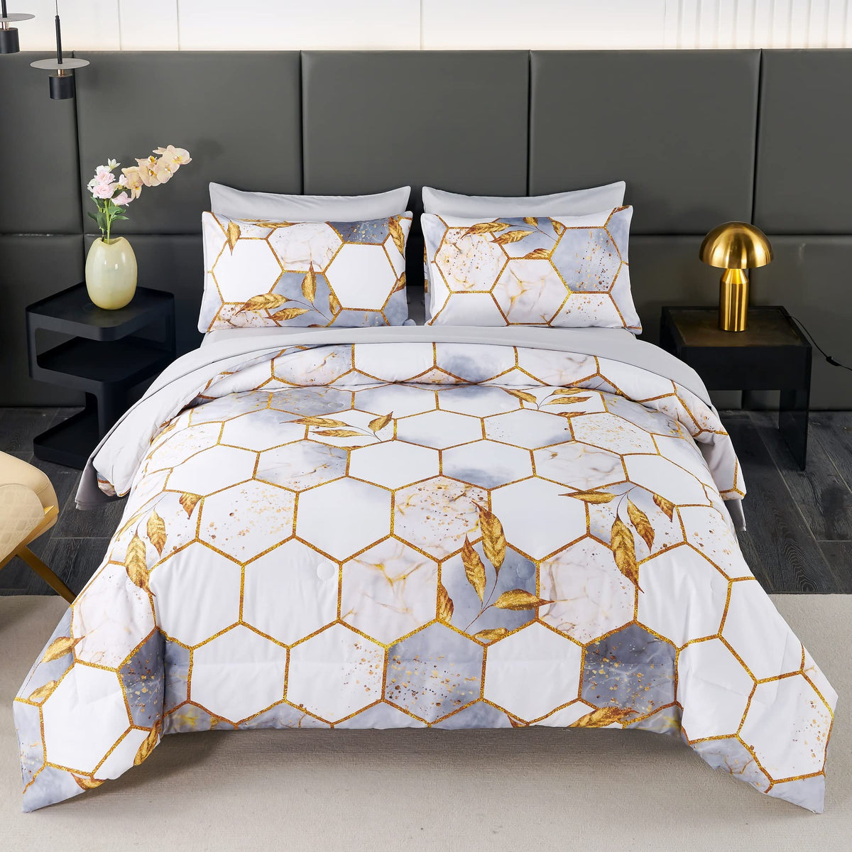 Angiyuin 7 Pieces White Gold Comforter Set Queen, Geometric Honeycomb Bedding Sets Hexagon Gold Trim Bed Sets, Ultra Soft Lightw
