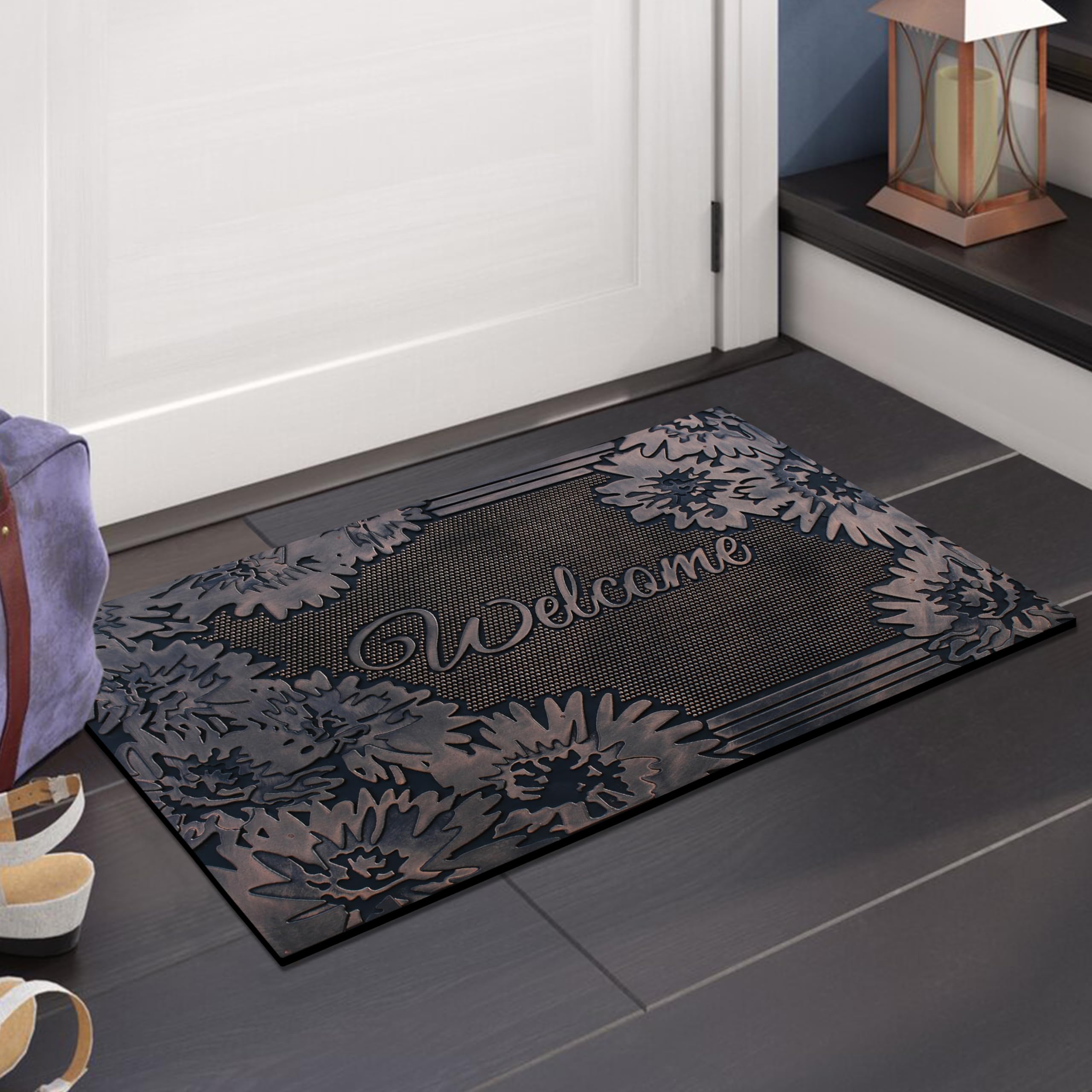 A1 Home Collections A1Hcrb6129 Floor Rubber Pin Fun Designed Door Mats For Indoor Outdoor Entrance, 18' X 30', Floral Welcome
