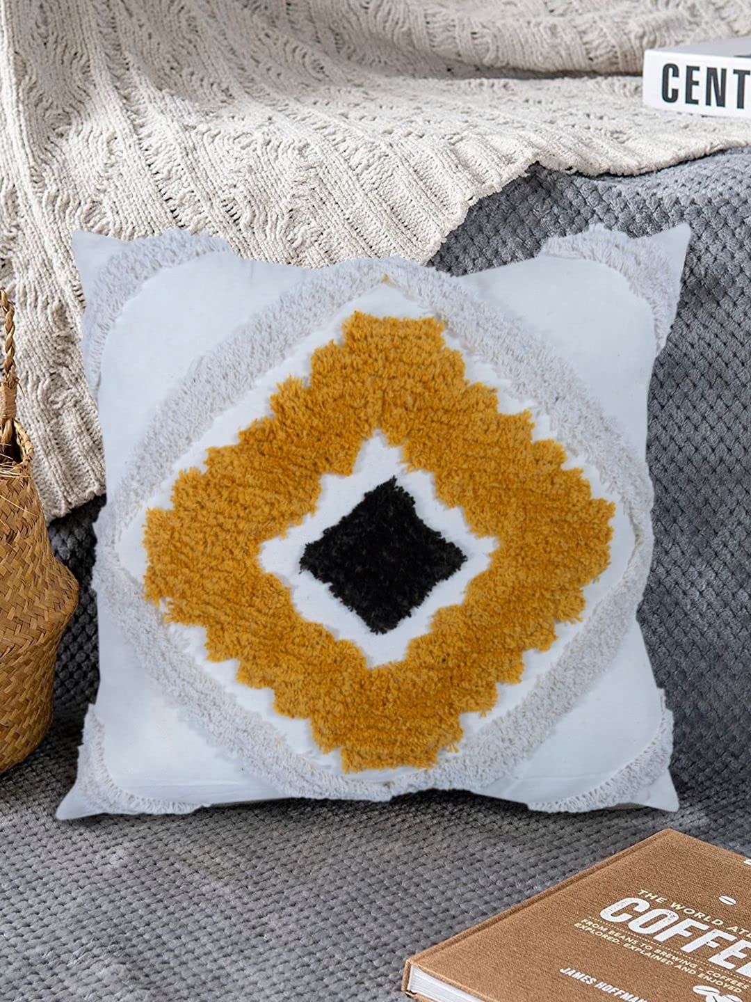 Aazeem Attractive Cotton Cushion Pillow Cover Set Of 1,16 X 16 Inches (White&Yellow)