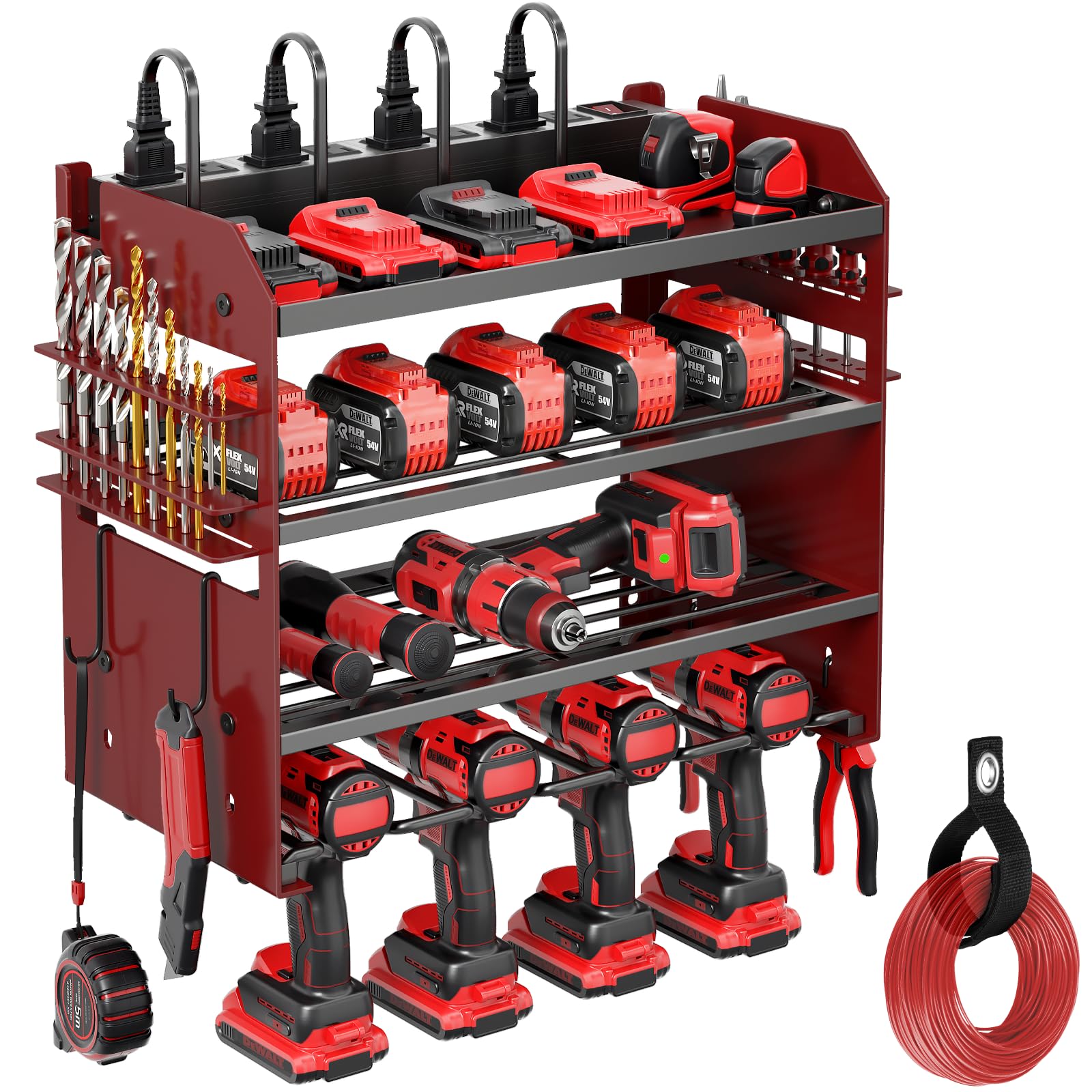Pokipo Power Tool Organizer Wall Mount With Charging Station, Extended Large Heavy Duty 4 Drill Holder, Tool Storage In 8 Outlet