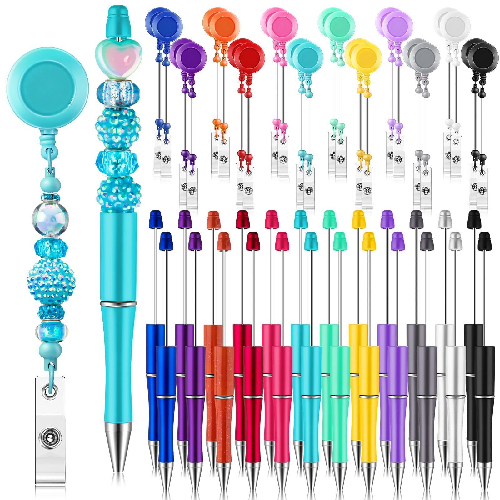 Sayglossy 48 Pcs DIY Beadable Kit Include 24 Beadable Ballpoint Pen Black Ink 24 Bead DIY Badge Reel Retractable ID Name with Be