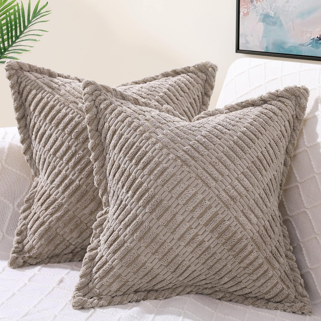 decorUhome Decorative Khaki Throw Pillow Covers 22x22 Set of 2 with Splicing, Boho Soft Corduroy Broadside Twill Pillow Covers f