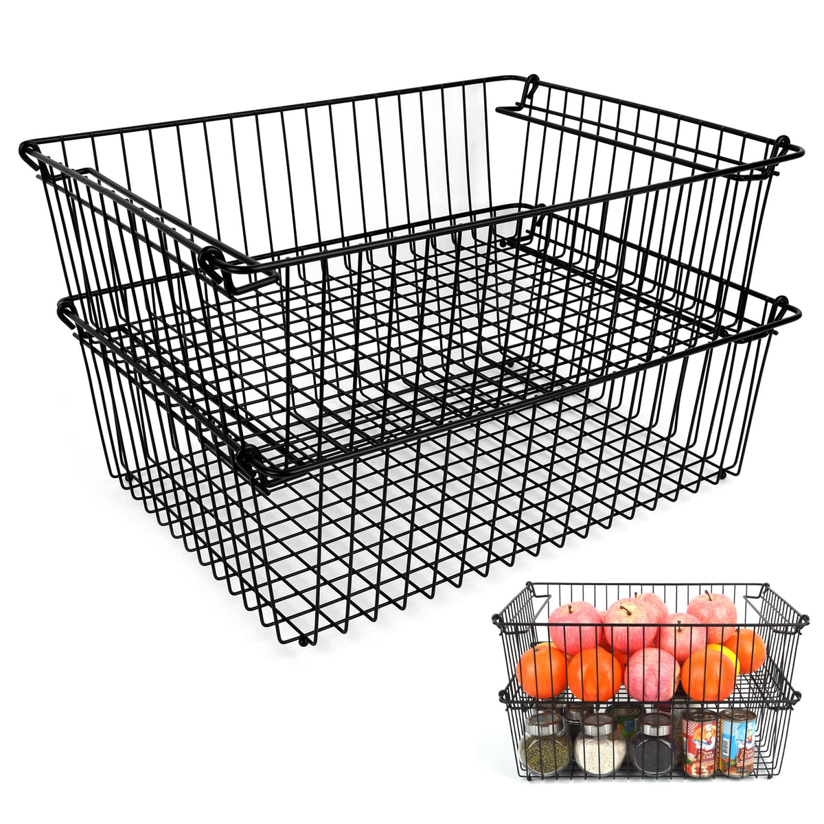 Set of 2 Stackable XXL Wire Baskets For Pantry Storage and Organization 16x12in Large Metal Food Baskets Vegetable,Fruit,Potat