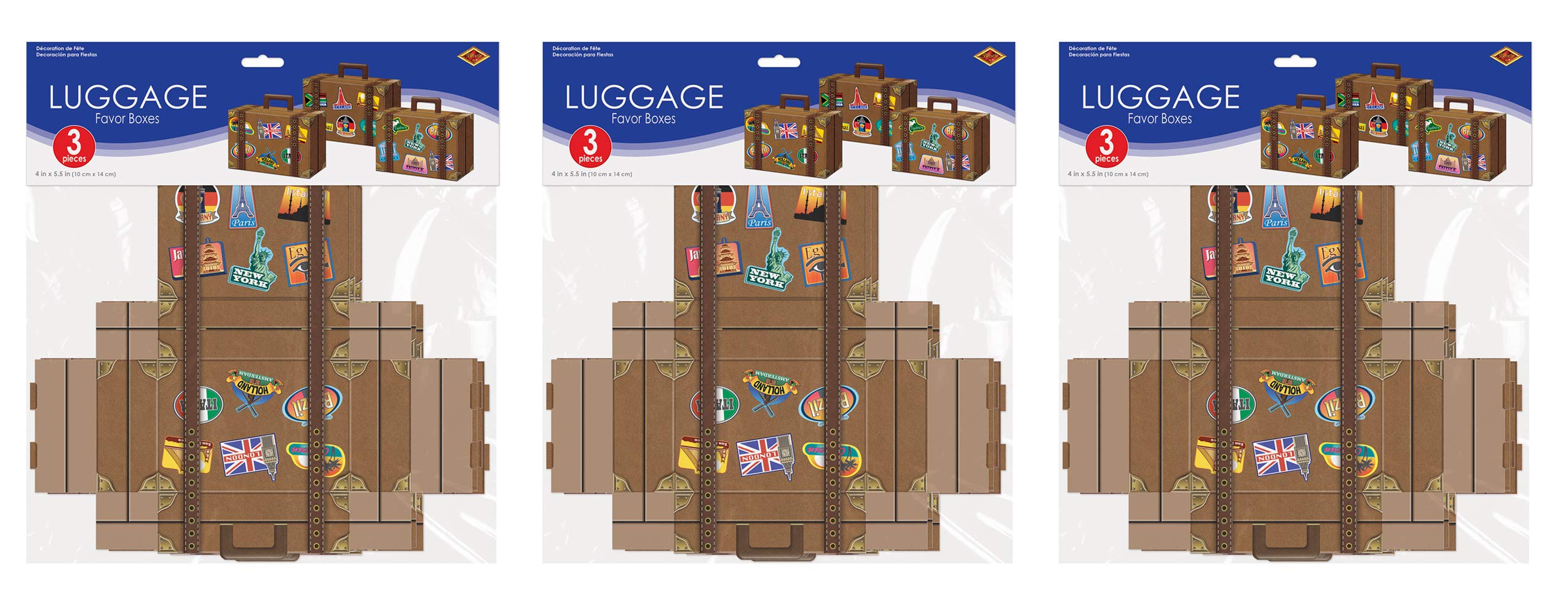 Beistle Luggage Favor Boxes 9 Piece Suitcase, World Traveler Decor, Party Supplies, 9 Count (Pack Of 1), Brown