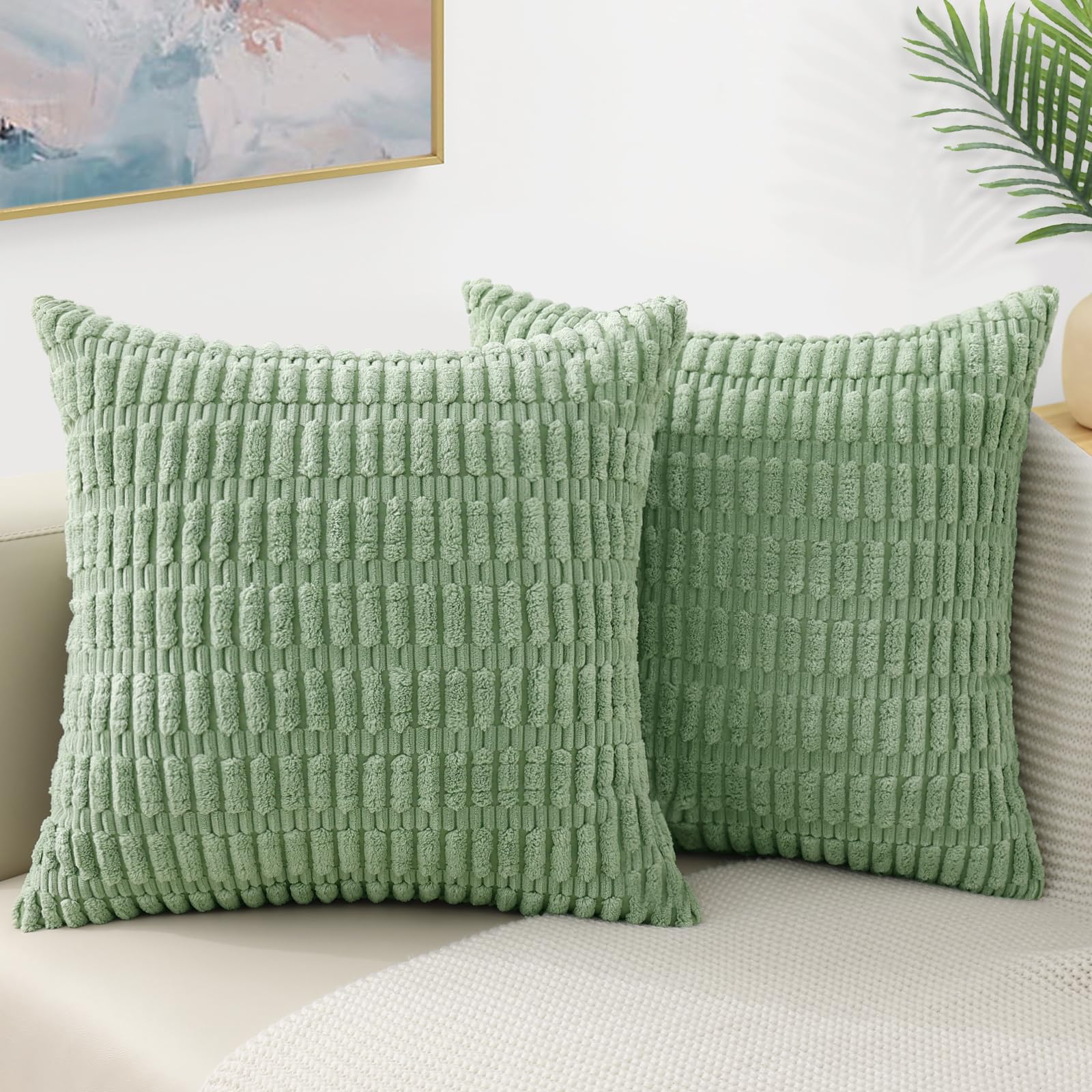 Decoruhome Sage Green Decorative Throw Pillow Covers 24X24 Set Of 2, Soft Corduroy Striped Rectangle Spring Pillow Covers For Couch Living Room Bed Sofa