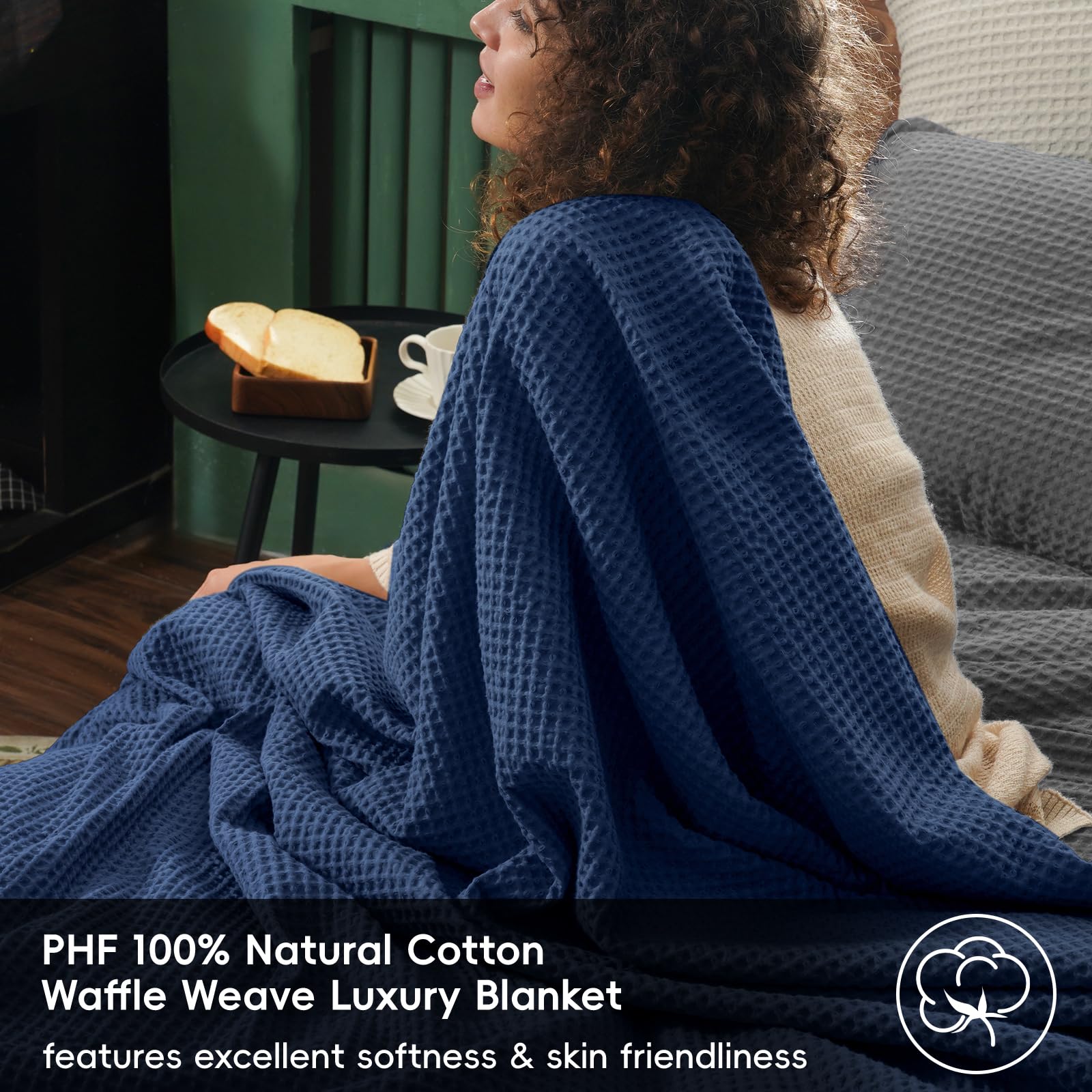 Phf 100% Cotton Waffle Weave Blanket Twin Size 66'X90' - Lightweight Washed Soft Breathable Blanket -Great Blanket Layer For Couch Bed Sofa - Elegant Aesthetic Roome Decoration - Navy Blue/Bright Blue