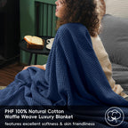Phf 100% Cotton Waffle Weave Throw Blanket 50'X60'-Lightweight Washed Soft Breathable Blanket For Adults And Kids-Perfect Blanket Layer For Couch Bed Sofa-Elegant Home Decoration-Navy Blue