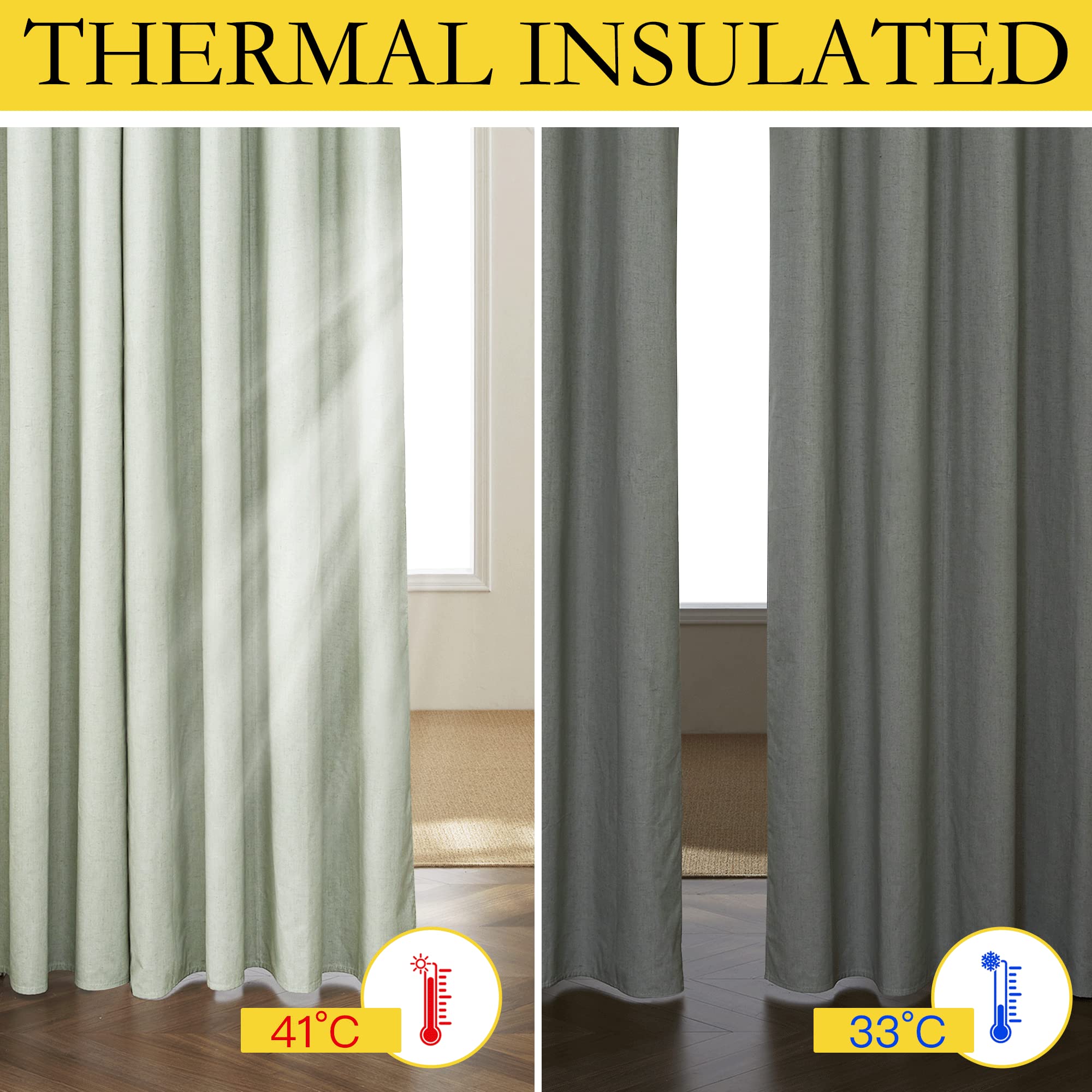 Nicetown Sage Green High-End Thermal Flax Linen Curtains, 52' Wide Per Panel, Set Of 2, Full Blackout Privacy Drapes 72 Inches Long For Dining Room, Soundproof Window Treatment Panels For Hall Room