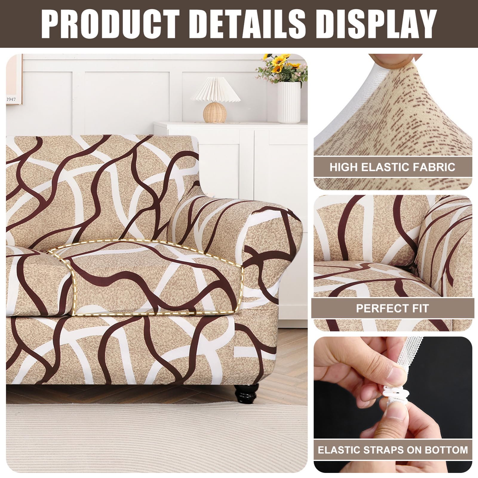 Searchi Stretch Sofa Cover Printed Couch Cover, Floral Pattern 4 Pieces Sofa Slipcover With 3 Separate Cushion Cover, Washable Furniture Protector For Living Room(Sofa, Khaki)