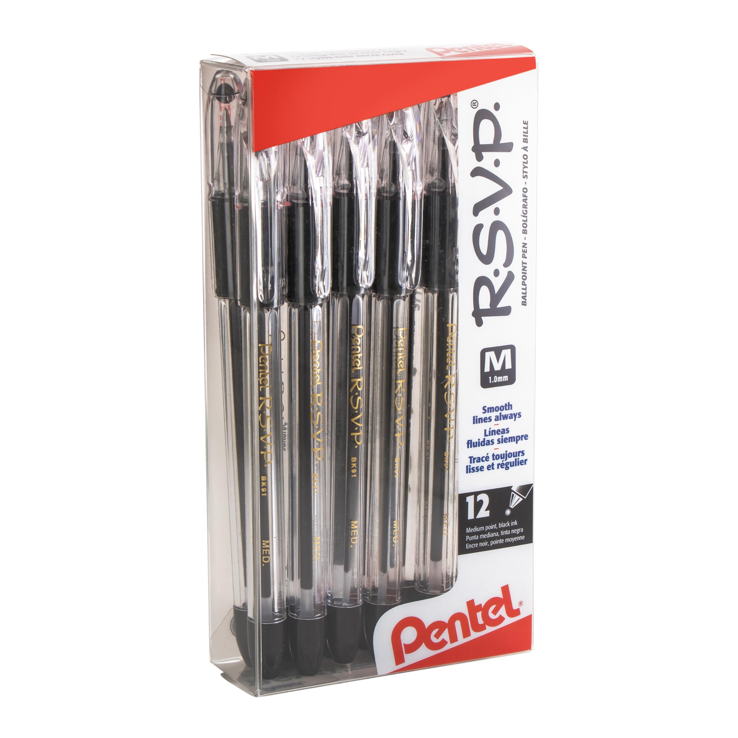 Pentel(R R.S.V.P.(R) Ballpoint Pens, 1.0 Mm, Medium Point, Clear Barrel, Black Ink, Pack Of 12, Bk91-A