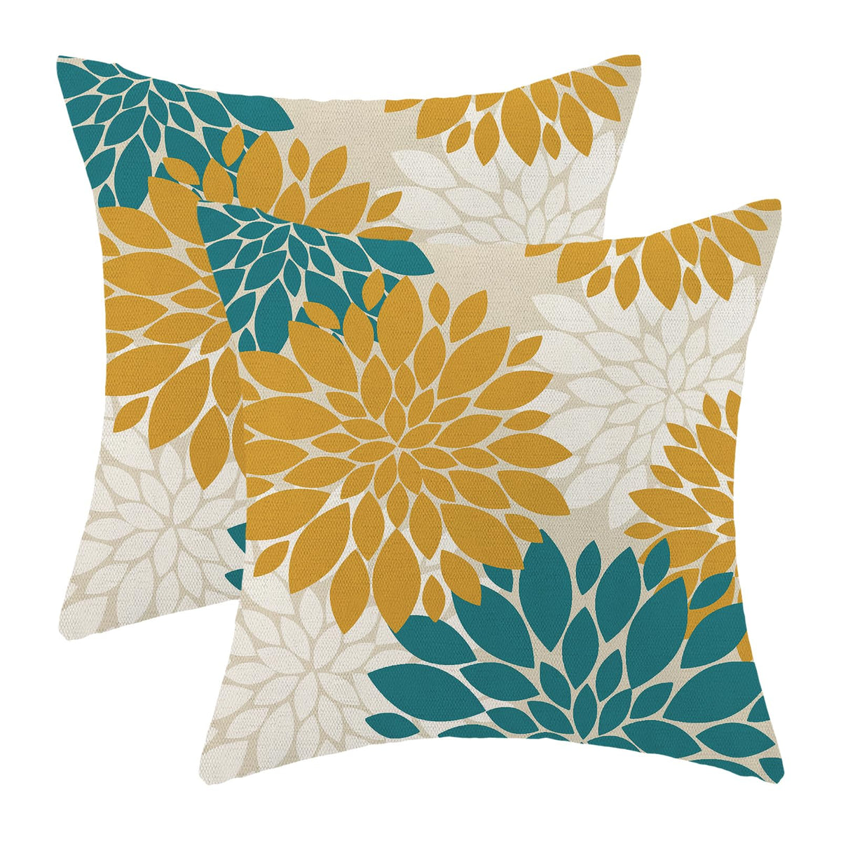 Cxmeifly Mustard Yellow Teal Pillow Covers 18X18 Inch Set Of 2 White Dahlia Floral Decor Throw Pillows Summer Modern Geometry Fl