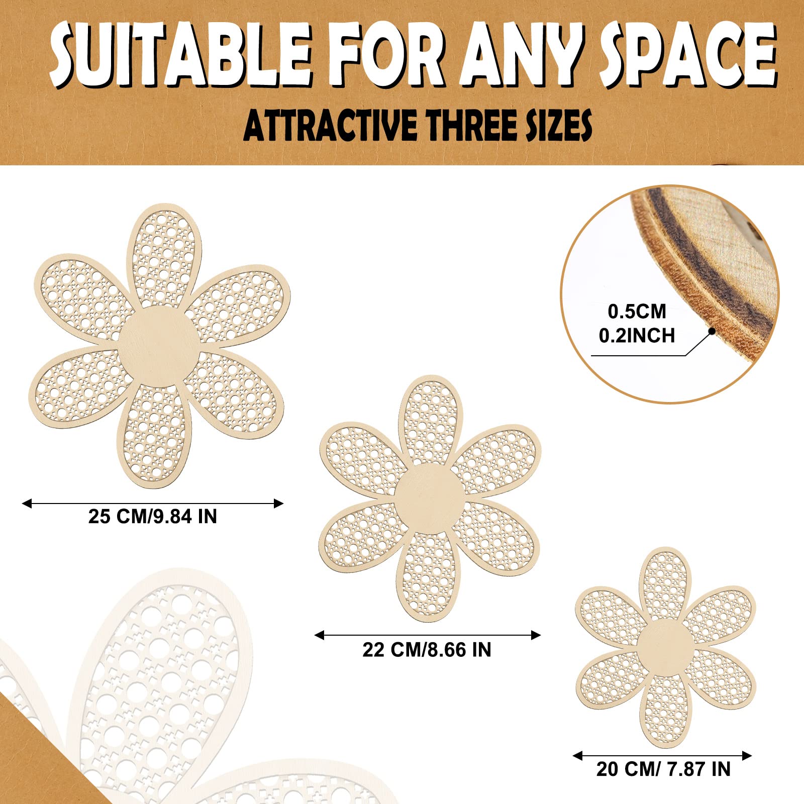 Maitys 3 Pieces Boho Daisy Wall Decor Natural Rattan Flower Wall Hanging Art Wooden Boho Wall Art Nursery Wall Decor Flowers Far