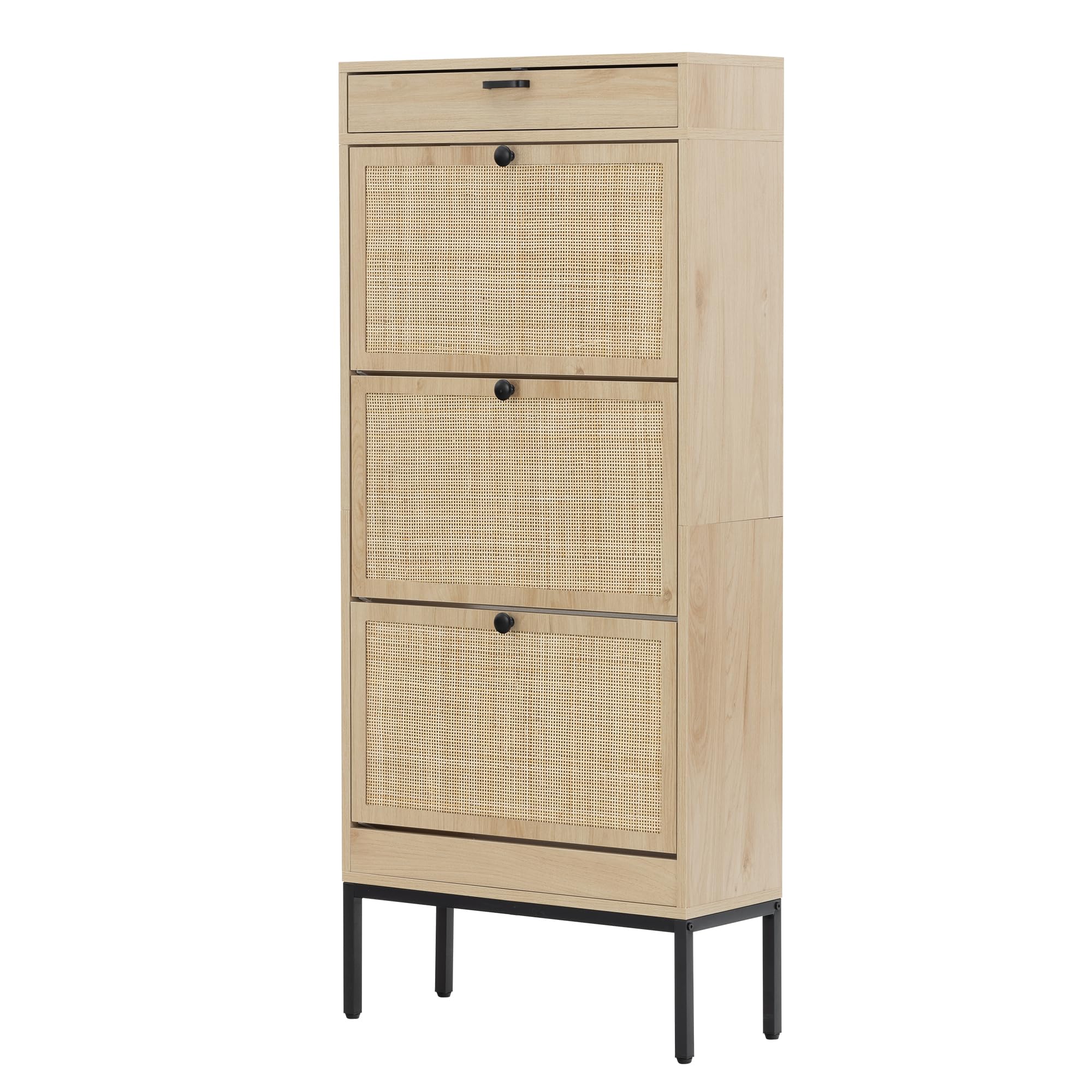 Xiao Wei Shoe Cabinet, Natural Rectangular Handmade Rattan Shoe Storage Organizer Cabinet With 3 Flip Drawers, Freestanding Shoe Rack With Adjustable Shelf For Entryway
