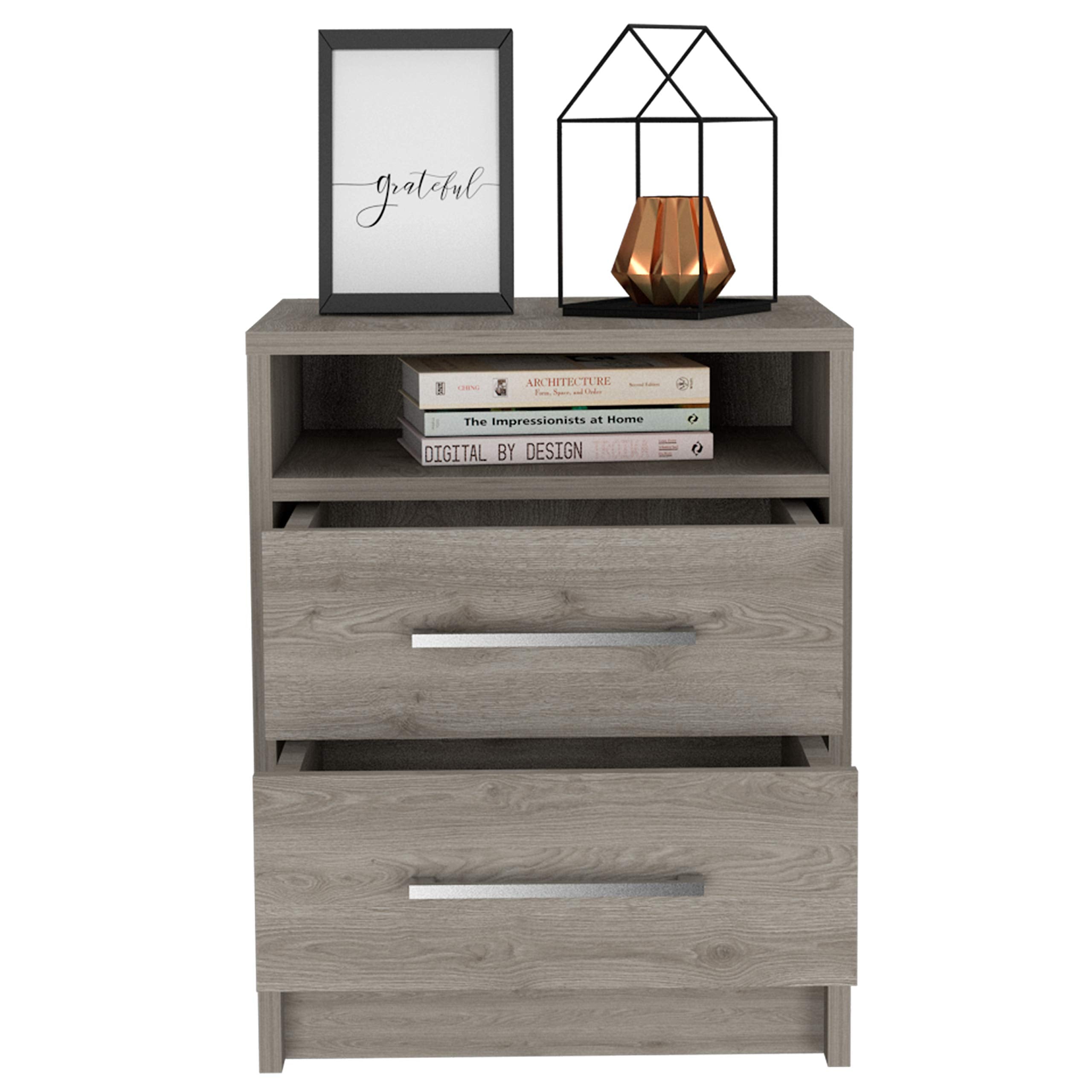 Nightstand 20" H, 2 Drawers, Superior Top, Metal Handles, Light Gray