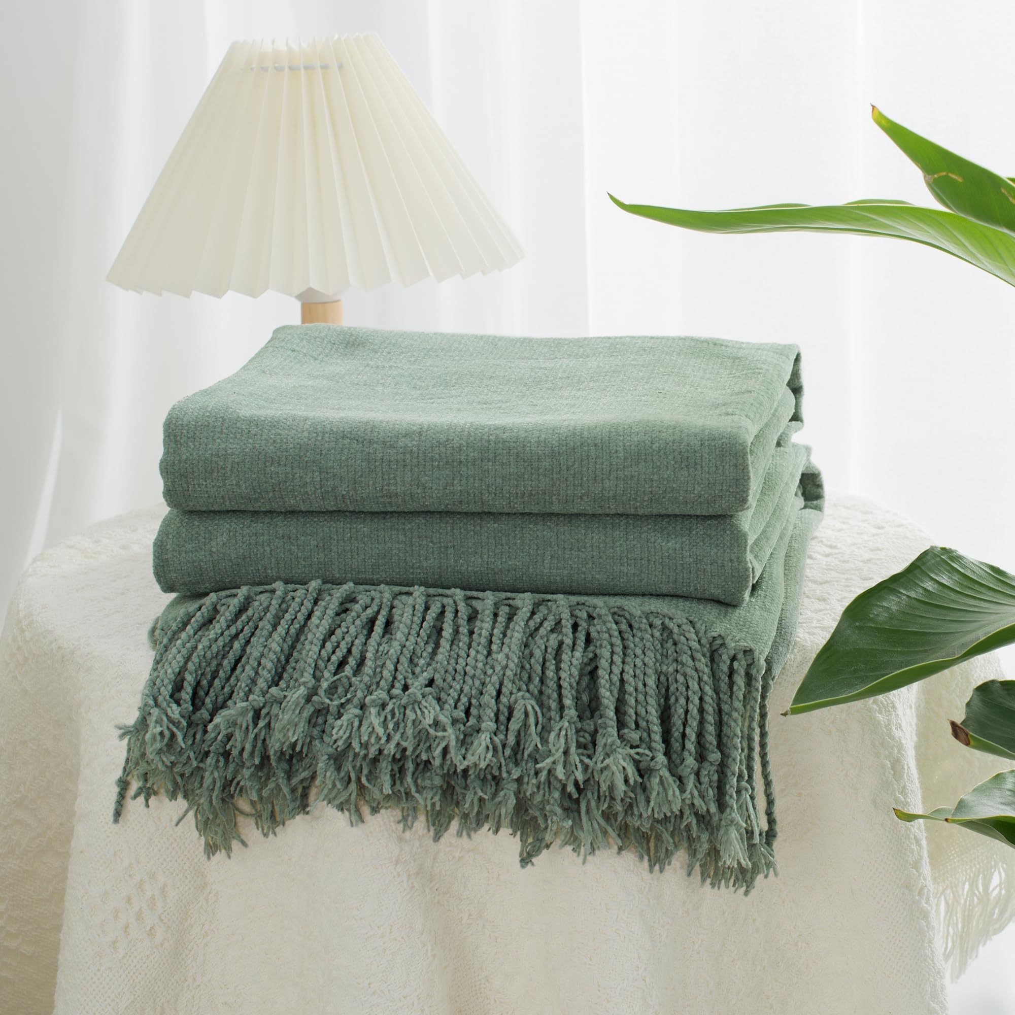 Ginamuse Chenille Throw Blanket For Couch With Tassels,60''X80'' Soft Lightweight Knitted Boho Decorative Blankets For Bed And S