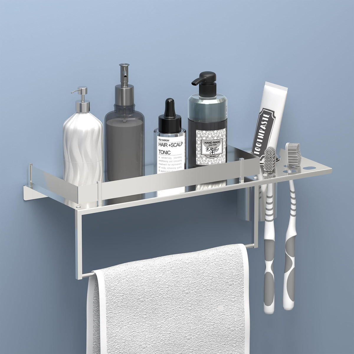 Kuber Industries 15x5 Inch Stainless Steel Bathroom Shelf for Wall | 3in1 Multipurpose Rack with Towel Bar & Toothbrush Holder