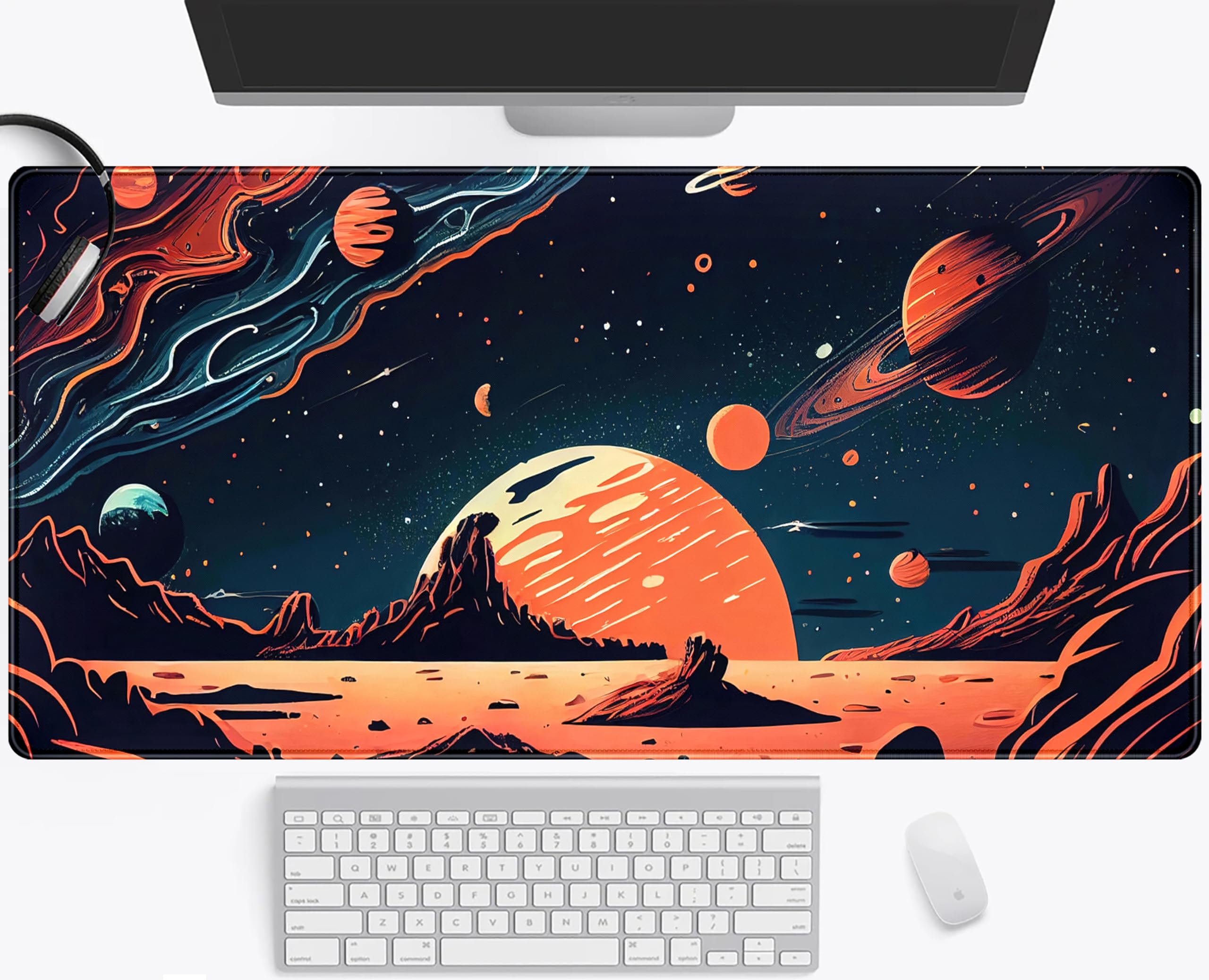 Painted Planets Desk Mat Outer Space Desk Pad, Orange Black Gaming Mouse Pad, Large Keyboard Mouse Mat Work Game, Deskmat With S