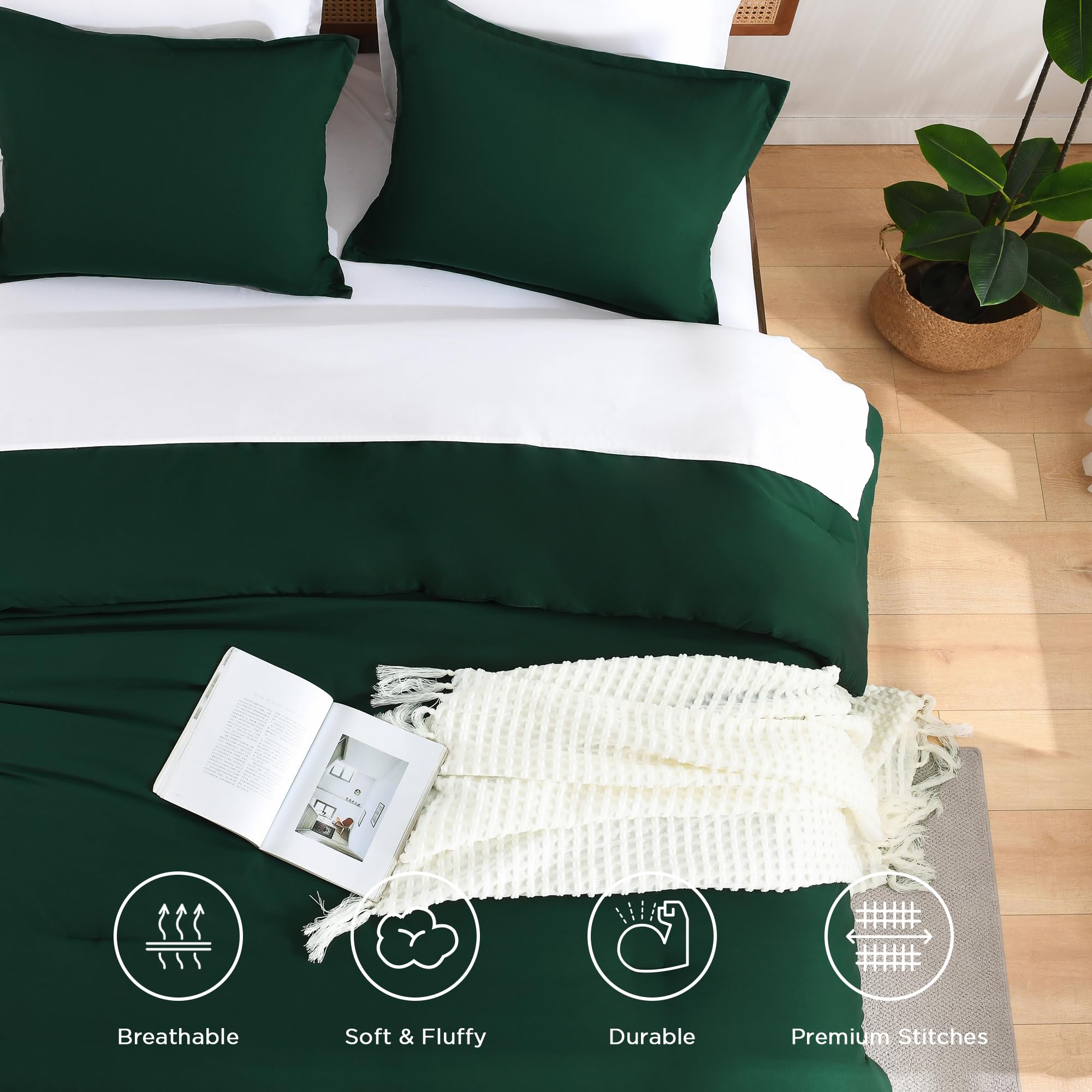 Andency Dark Emerald Green Queen Size Comforter Set, 3 Pieces Forest Hunter Green Boho Solid Bedding Sets, Soft Cozy Lightweight Down Alternative All Season Bed Set