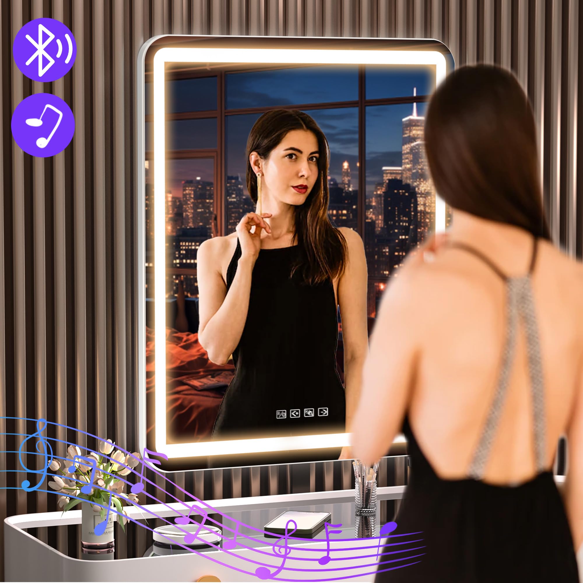 Hasipu Vanity Mirror With Lights And Bluetooth Speaker, 20' X 25' Led Makeup Mirror, Light Up Mirror With 10X Magnification An