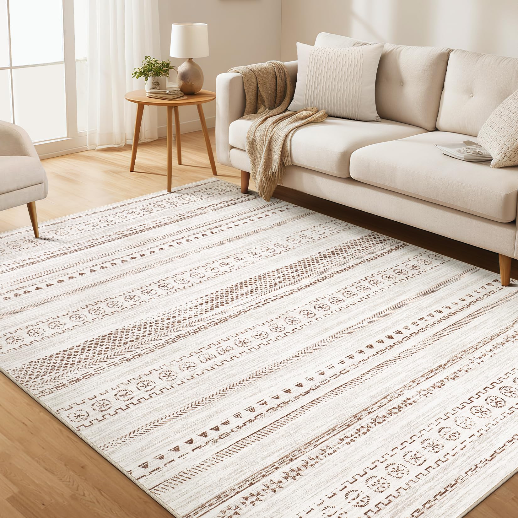 Area Rug Living Room Rugs - 5x7 Washable Boho Farmhouse Bohemian Neutral Large Rug Moroccan Geometric Soft No Slip Indoor Rug Th