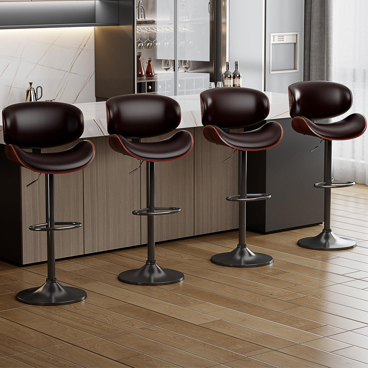 Yafiti Bar Stools Set Of 4, Modern Pu Leather Swivel Adjustable Bar Stool Counter Height Stool Set, Bar Chair With Back And Foot