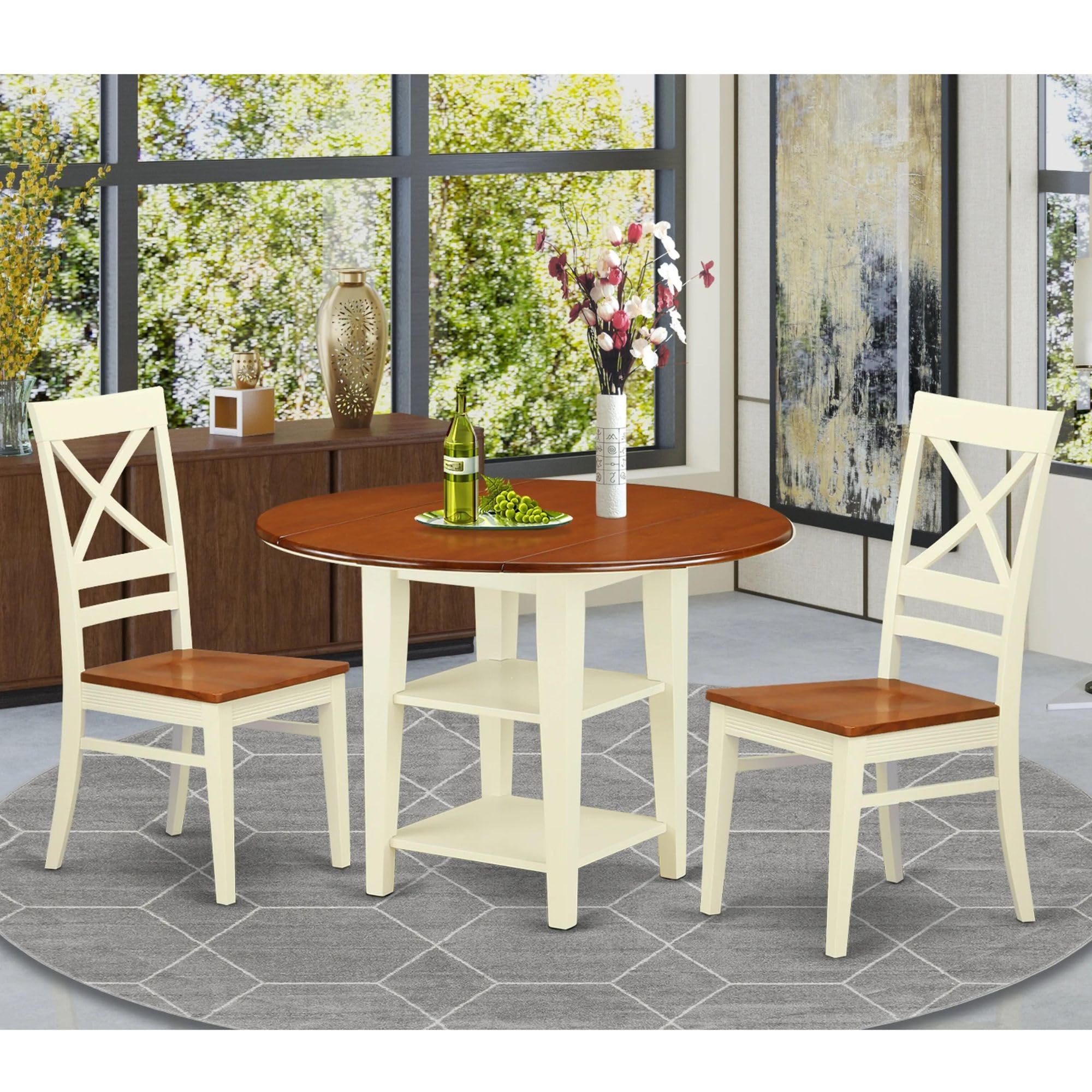 East West Furniture SUQU3H-BMK-W 3 Piece Kitchen Counter Set for Small Spaces Contains a Round Room Table with Dropleaf & Shelves and 2 Dining Chairs, 42x42 Inch