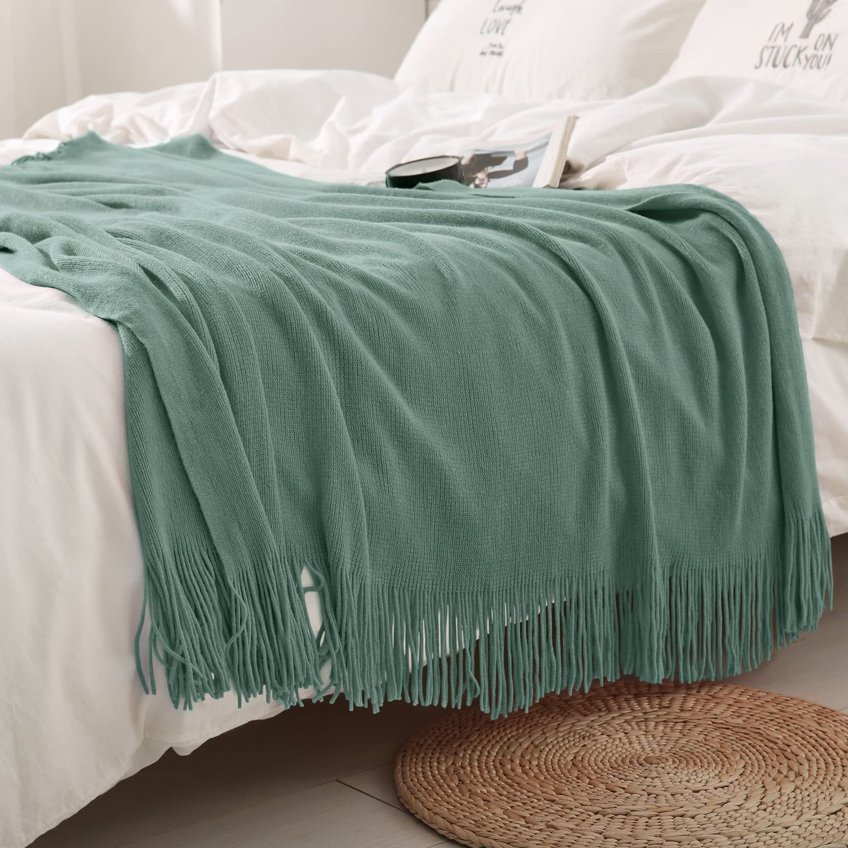 Homiest Decorative Knitted Throw Blanket With Fringe, Lightweight Blanket Acrylic Knit Blanket, Soft & Cozy Tassel Blanket For Couch Sofa Bed (Sage Green, 50 X 60 Inch)