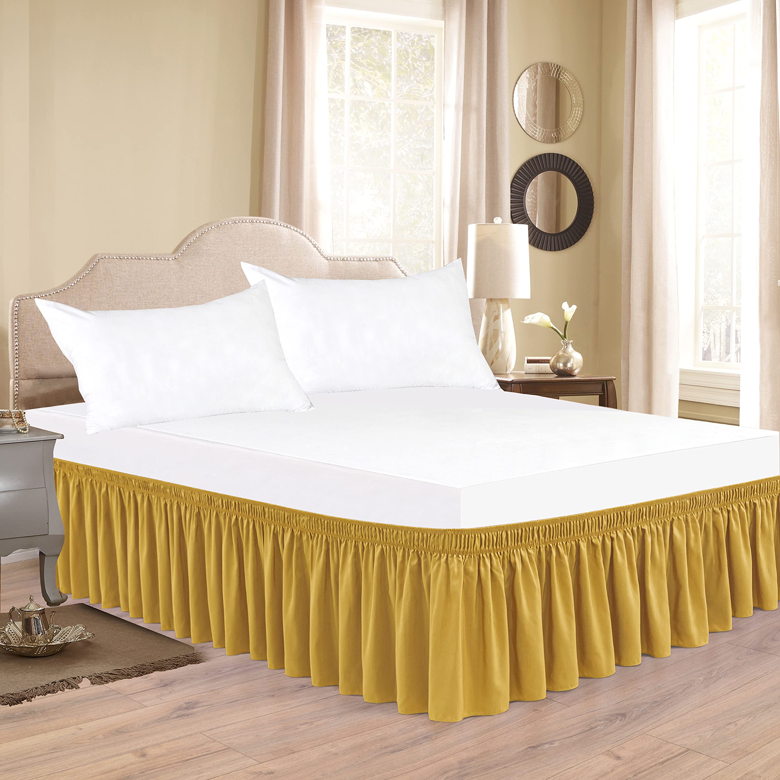 Biscaynebay Wrap Around Bed Skirts For Full & Full Xl Beds 15' Drop, Christmas Gold Adjustable Elastic Dust Ruffles Easy Fit Wr
