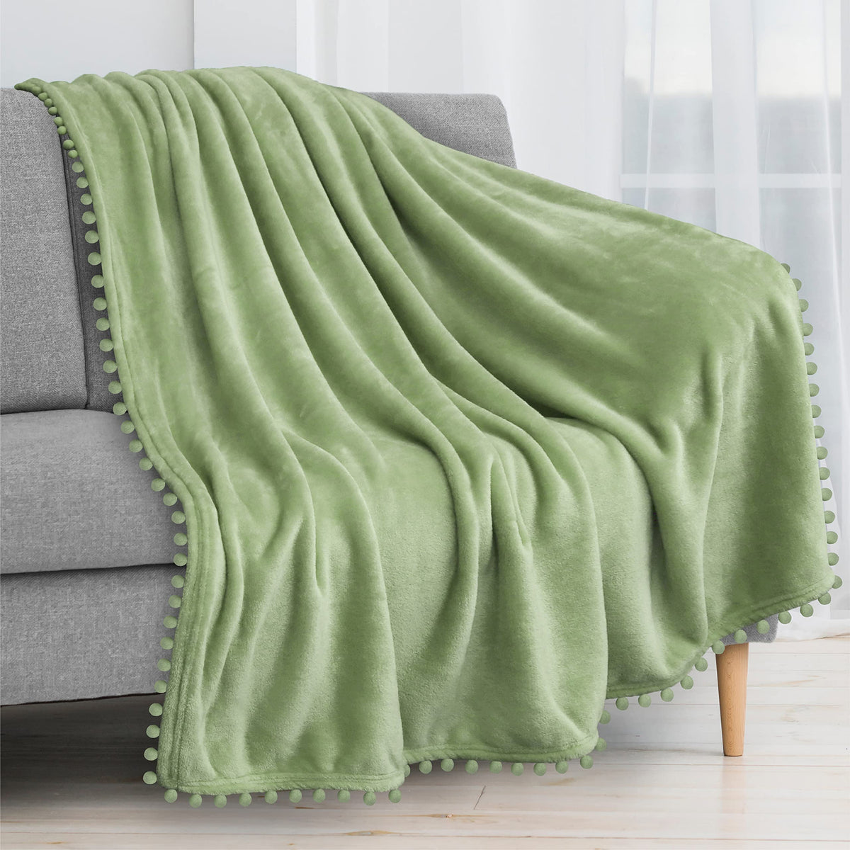 Pavilia Pom Pom Blanket Throw, Light Sage Green | Soft Fleece Pompom Fringe Blanket For Couch Bed Sofa | Decorative Cozy Plush W