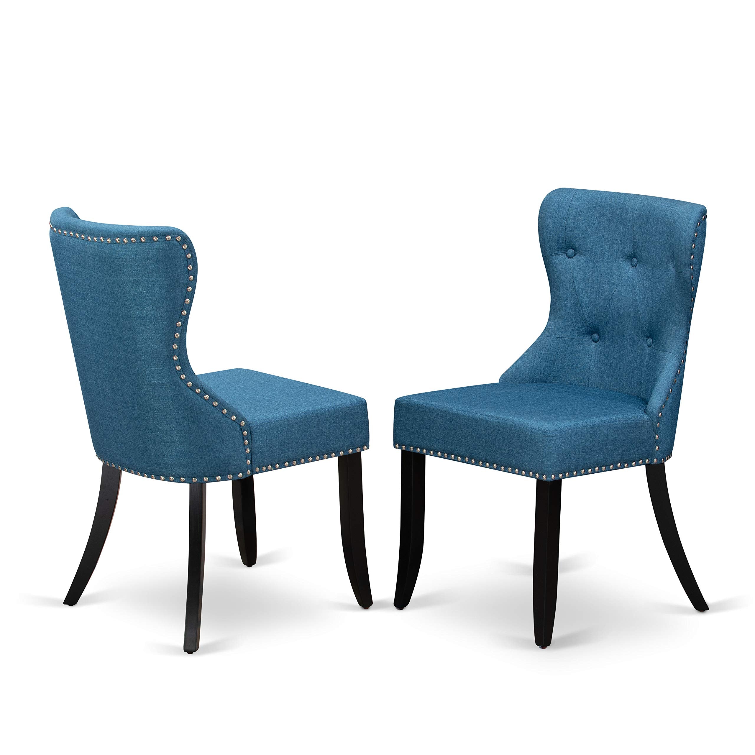East West Furniture Essi3-Bch-21 3 Piece Dinette Set For Small Spaces Contains A Round Dining Table With Pedestal And 2 Blue Linen Fabric Upholstered Parson Chairs, 30X30 Inch, Black & Cherry