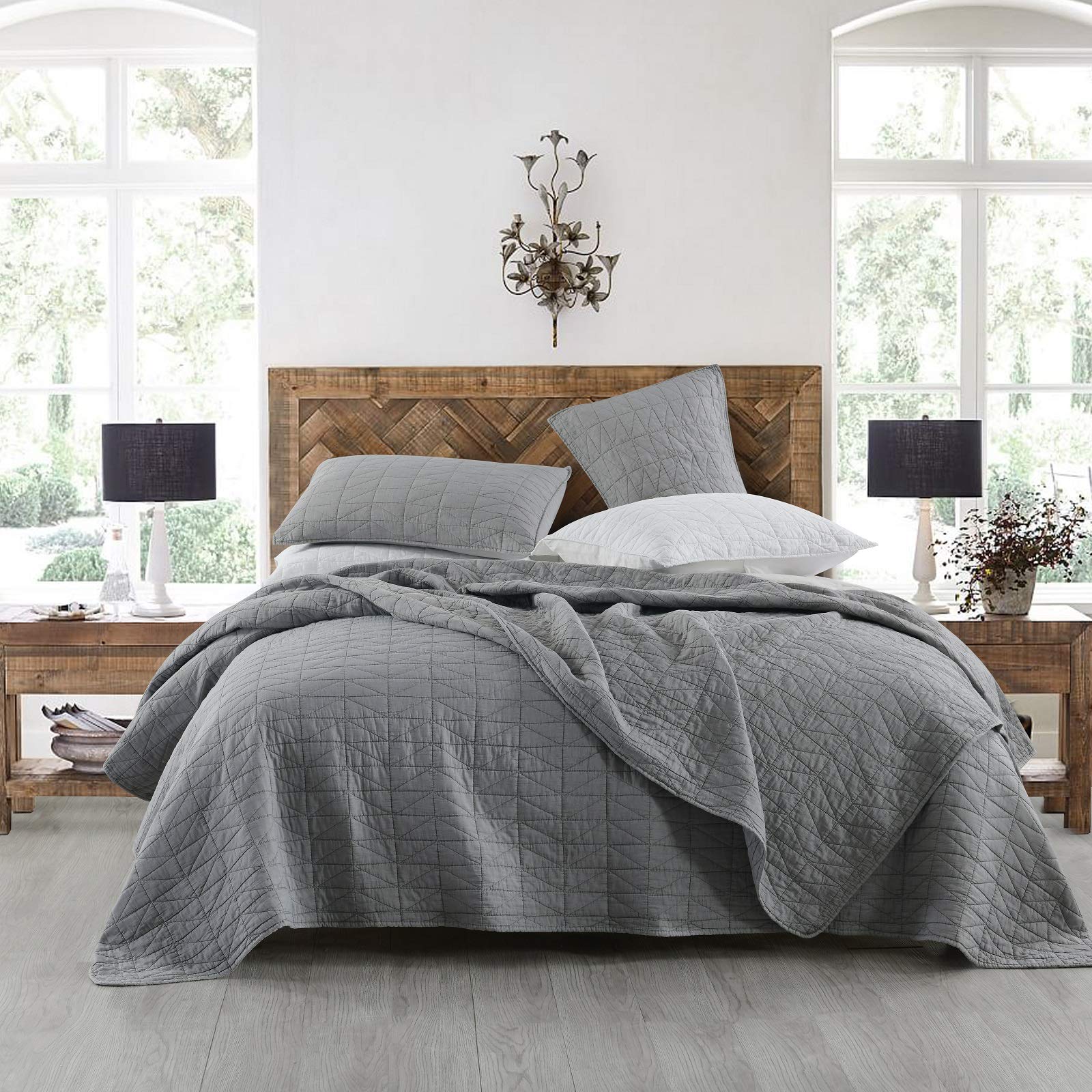 Horimote Home Quilt Set King Size, Stone-Washed Chic Rustic Grey Quilt With Classic Triangle Stitched Pattern, Ultra Soft Lightw