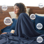 Phf 100% Cotton Waffle Weave Blanket King Size 104' X 90'-Lightweight Washed Soft Breathable Blanket For All Season -Perfect Blanket Layer For Couch Bed Sofa-Elegant Home Decoration - Dark Navy