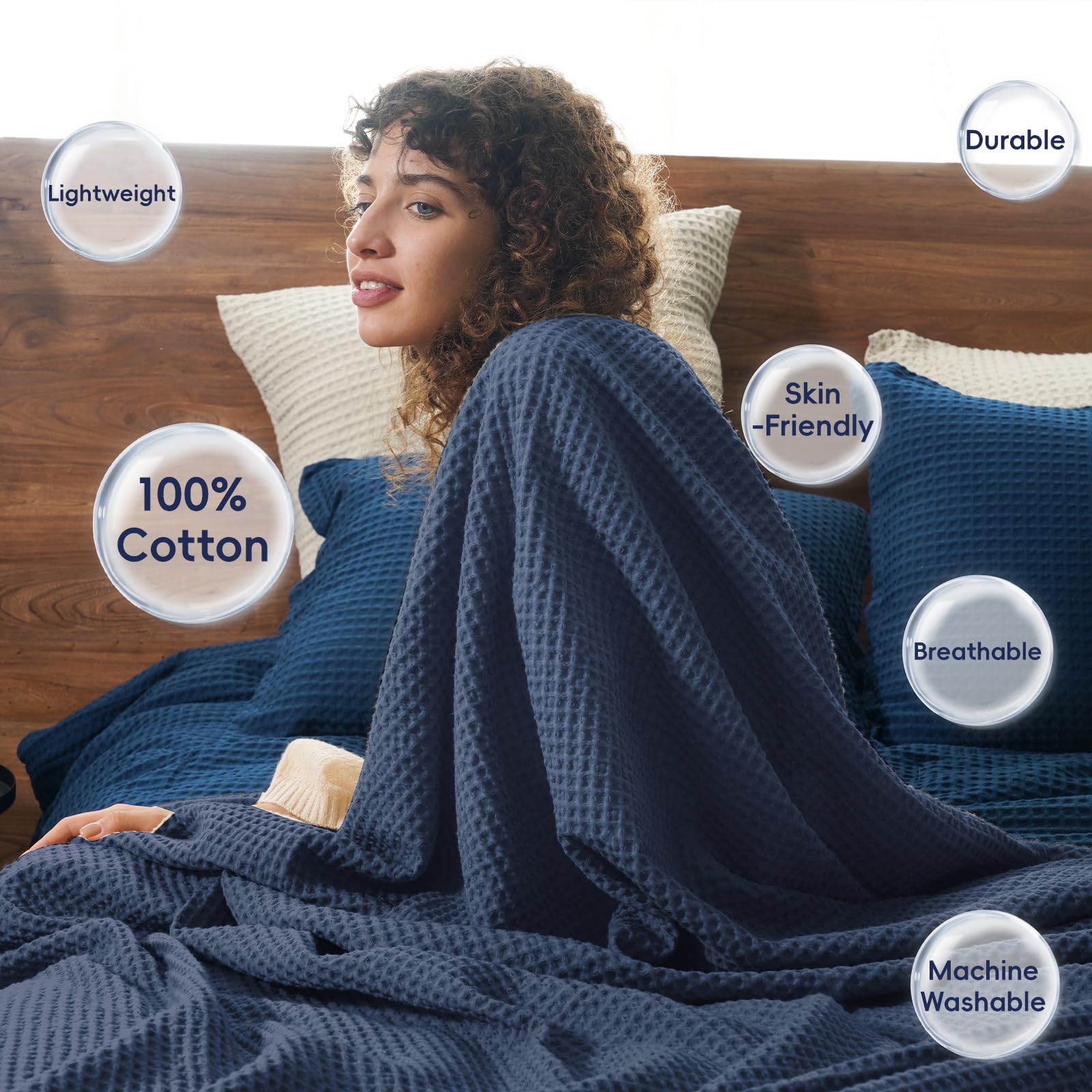Phf 100% Cotton Waffle Weave Blanket King Size 104' X 90'-Lightweight Washed Soft Breathable Blanket For All Season -Perfect Blanket Layer For Couch Bed Sofa-Elegant Home Decoration - Dark Navy