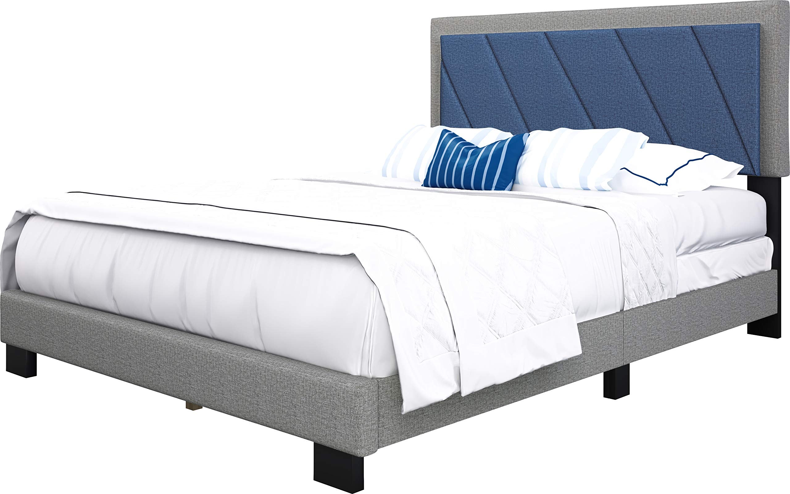 Boyd Sleep Diagonal Upholstered Platform Bed with Headboard - Durable Full Size Mattress Foundation, Strong 4 Wood Slat Supports, Box Spring Required, Blue/Gray