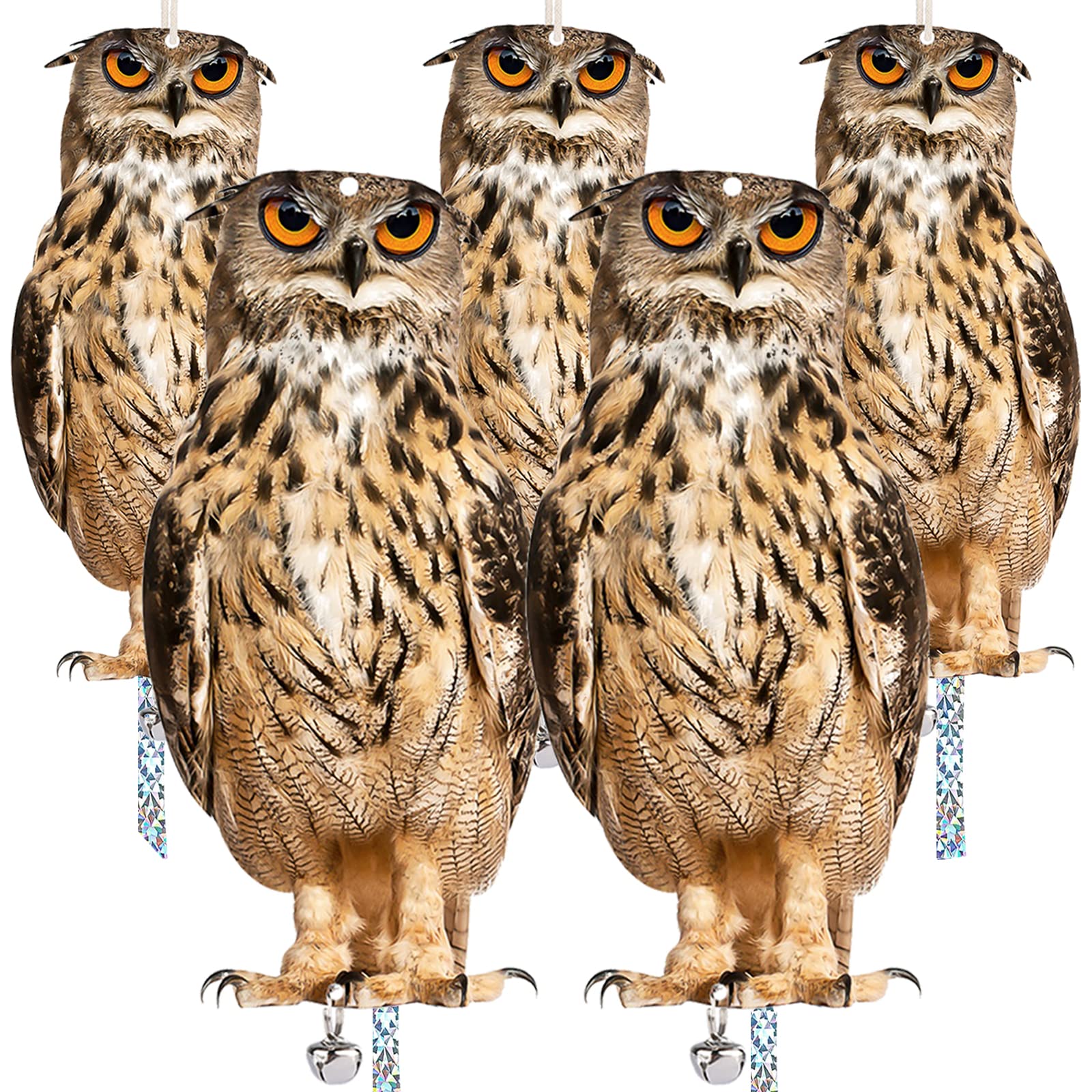 Owl To Keep Birds Away, 5 Pack Bird Scare Owl Fake Owl, Reflective Hanging Bird Decoration, Dual-Side Printed Owl To Keep Birds