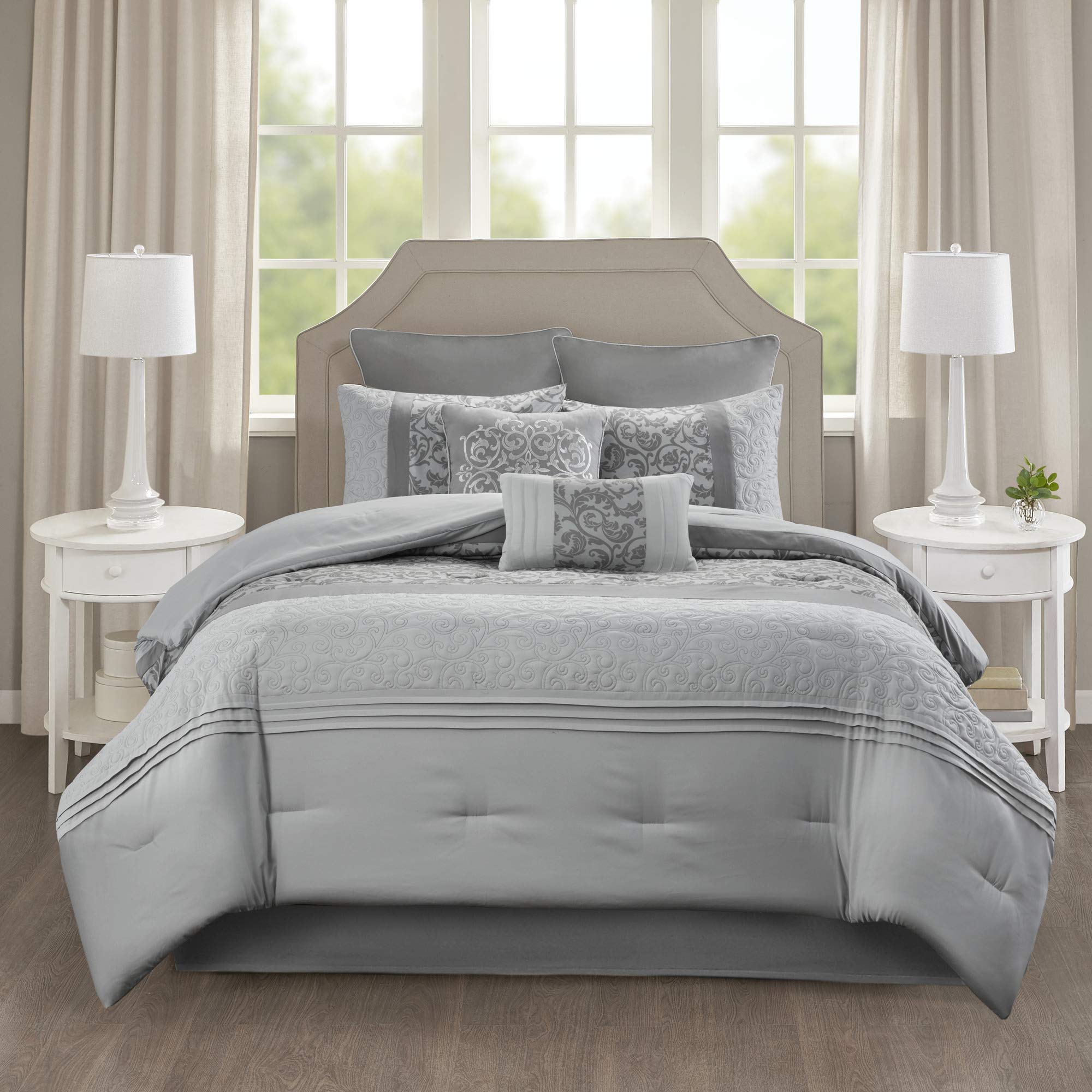 510 Design Luxe Quilted Comforter Set Modern Transitional Design, All Season Down Alternative Warm Bedding Matching Shams, Bedskirt, Decorative Pillow, Queen, Ramsey Damask Grey
