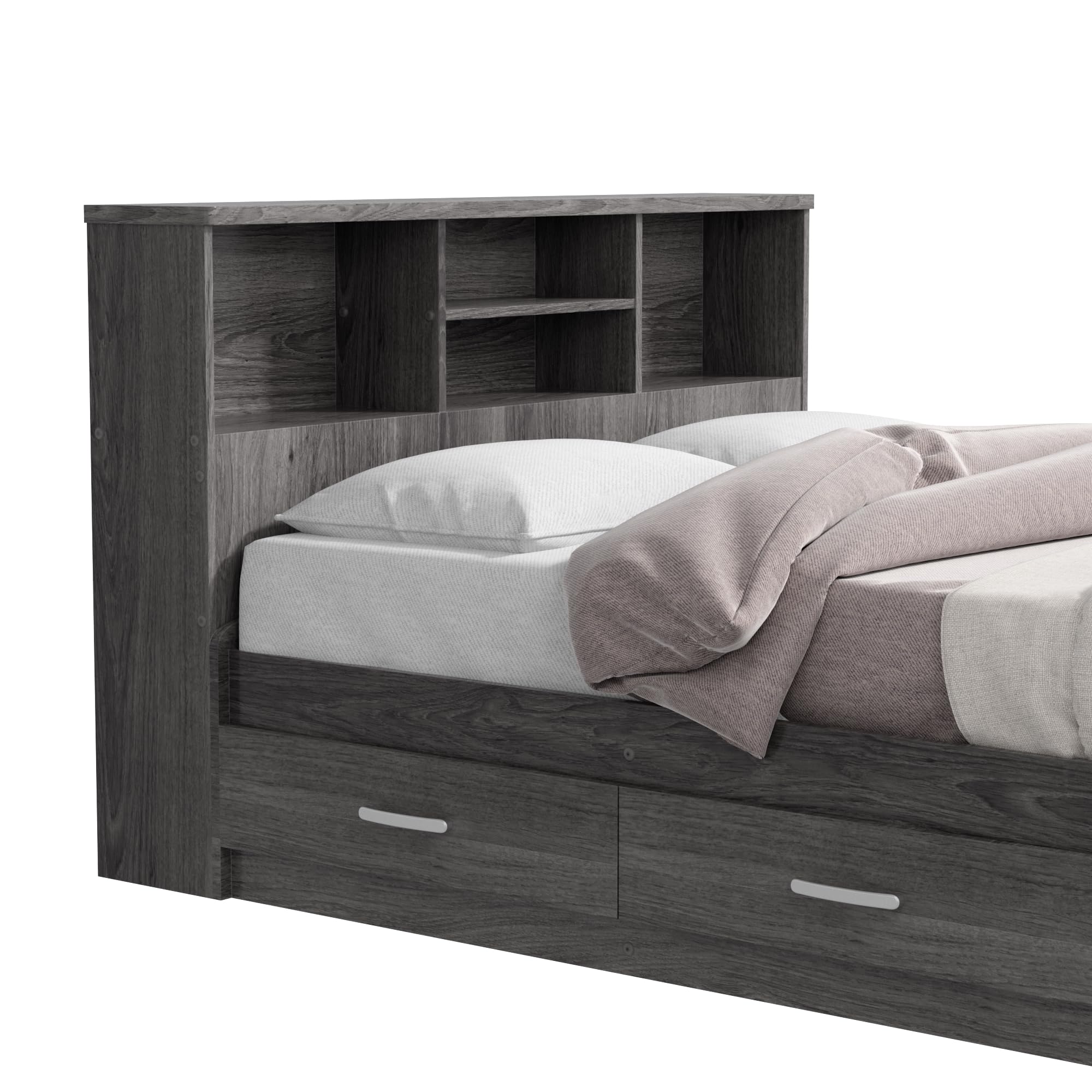 Bed with 3 Drawers and Bookcase Headboard (Grey, Queen)