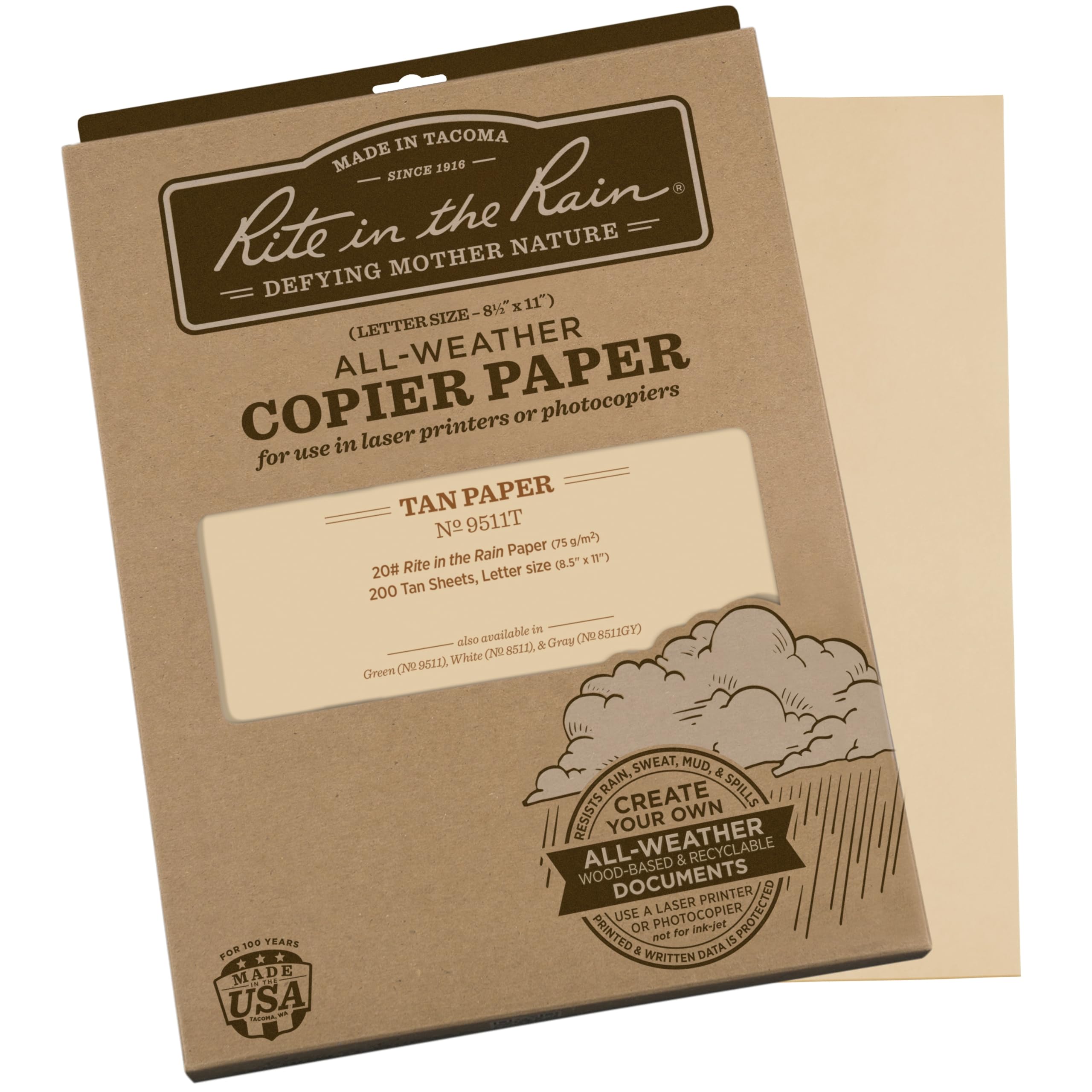 Rite In The Rain Weatherproof Copier Paper, 8.5' X 11', 20# Tan, 200 Sheet Pack (No. 9511T)
