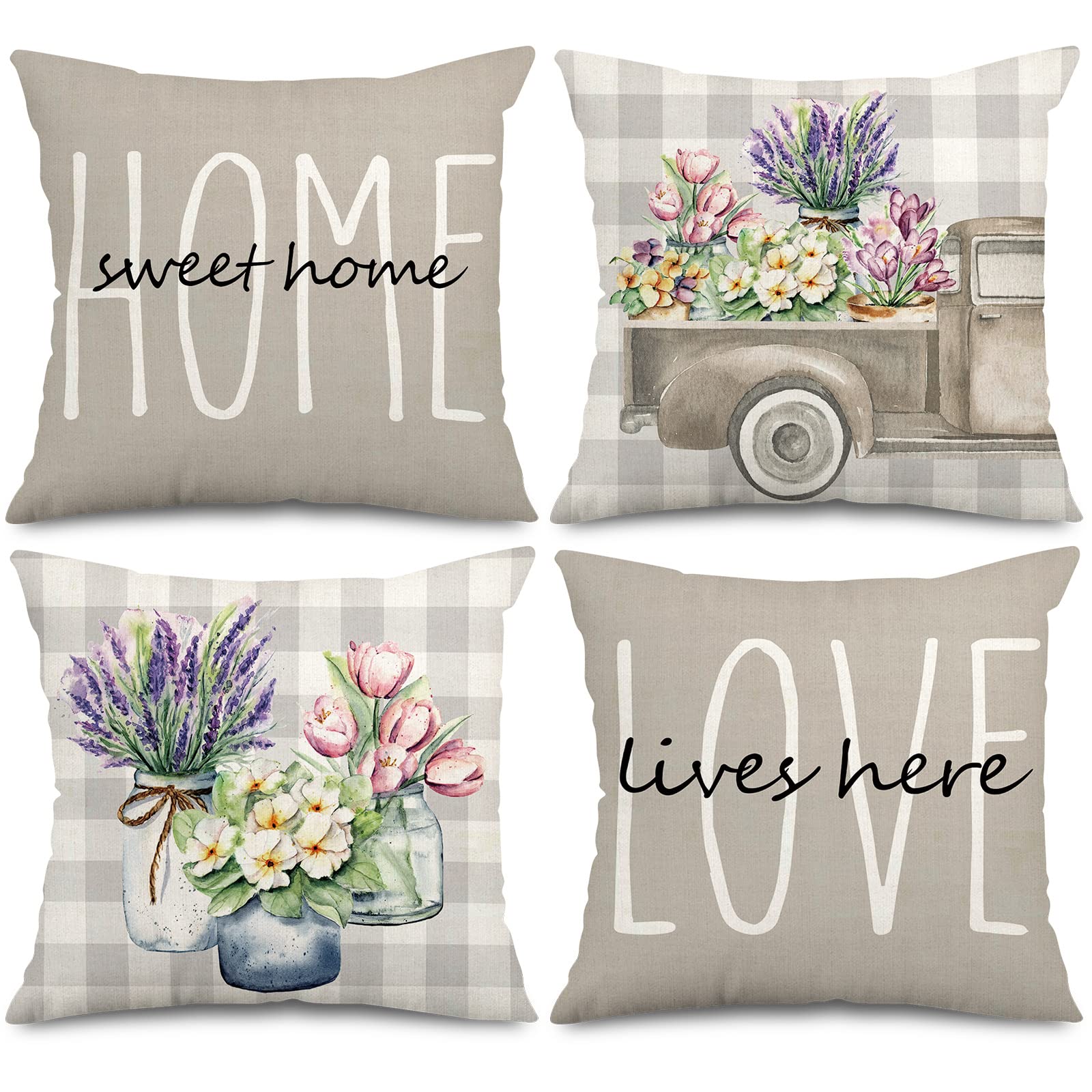 Anydesign Spring Pillow Covers Gray Buffalo Plaids Sweet Home Love Throw Pillow Case Truck Tulip Lavender Floral Cushion Cover F