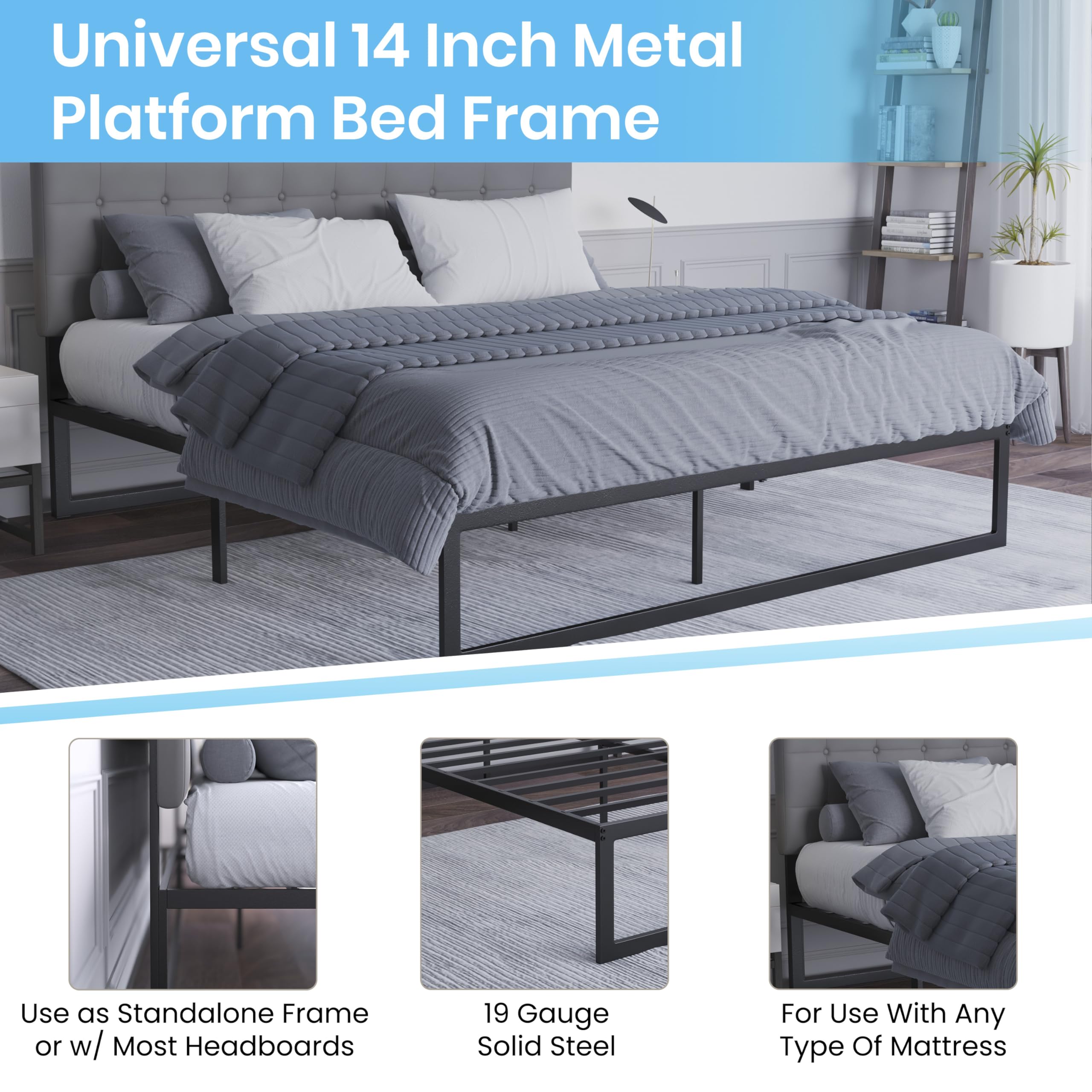 Flash Furniture Bentley 14&quot; Metal Platform Bed Frame - Black Frame/Steel Slat Supports - 12.5&quot; Underbed Storage - No Box Spring Needed - Quick Lock Functionality-King