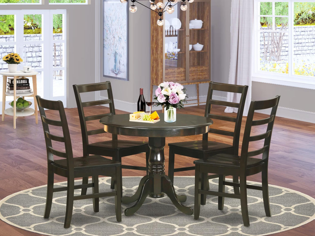 East West Furniture ANPF5-CAP-W 5 Piece Dining Room Table Set Includes a Round Wooden Table with Pedestal and 4 Kitchen Dining Chairs, 36x36 Inch, Cappuccino